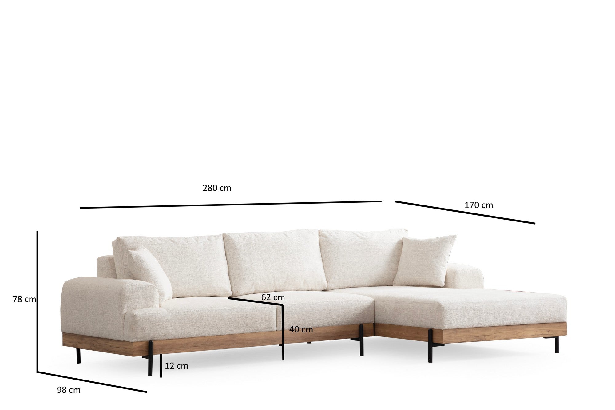 Sofá de canto elegante, branco, 280 x 170 cm | Estrutura em madeira de faia e aglomerado, 100% poliéster, assento em espuma macia | Design moderno com pernas de metal