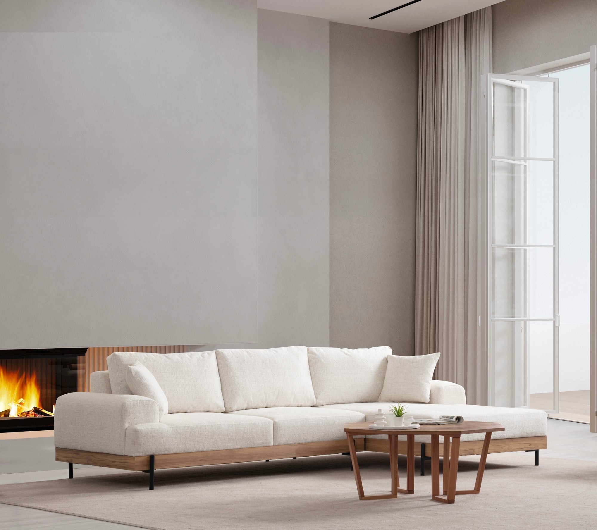 Sofá de canto elegante, branco, 280 x 170 cm | Estrutura em madeira de faia e aglomerado, 100% poliéster, assento em espuma macia | Design moderno com pernas de metal