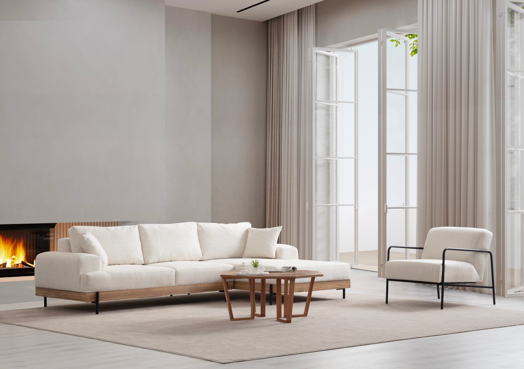 Sofá de canto elegante, branco, 280 x 170 cm | Estrutura em madeira de faia e aglomerado, 100% poliéster, assento em espuma macia | Design moderno com pernas de metal