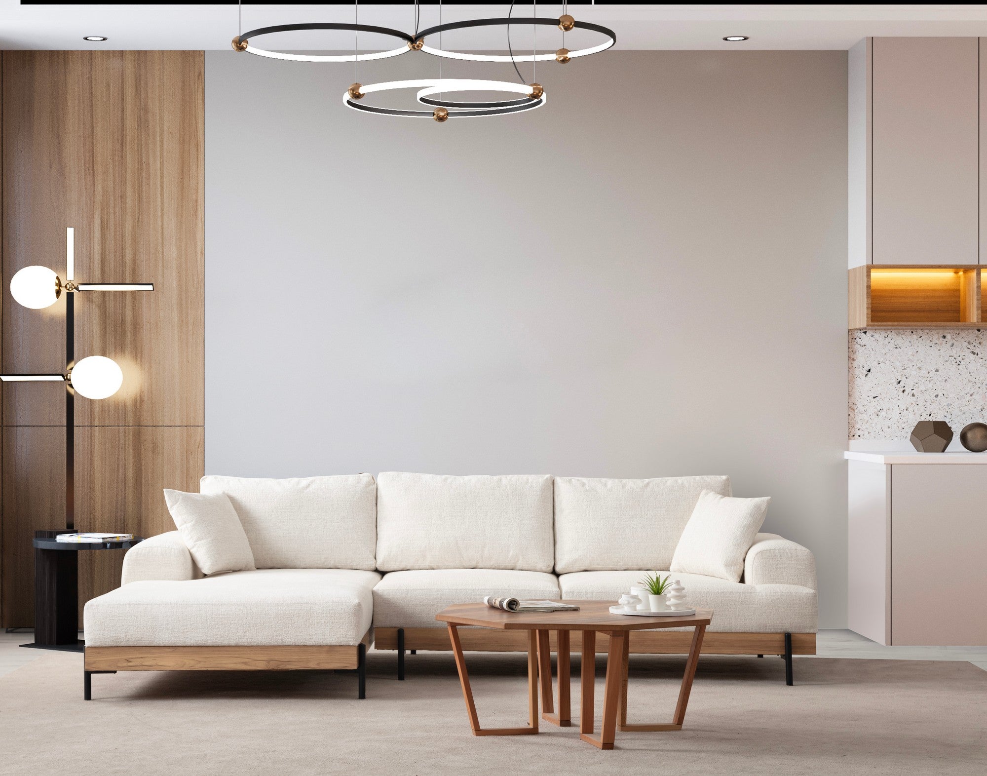Sofá de canto elegante, branco, 170 x 280 cm | Estrutura em madeira de faia e aglomerado, 100% poliéster, assento em espuma macia | Design moderno com pernas de metal