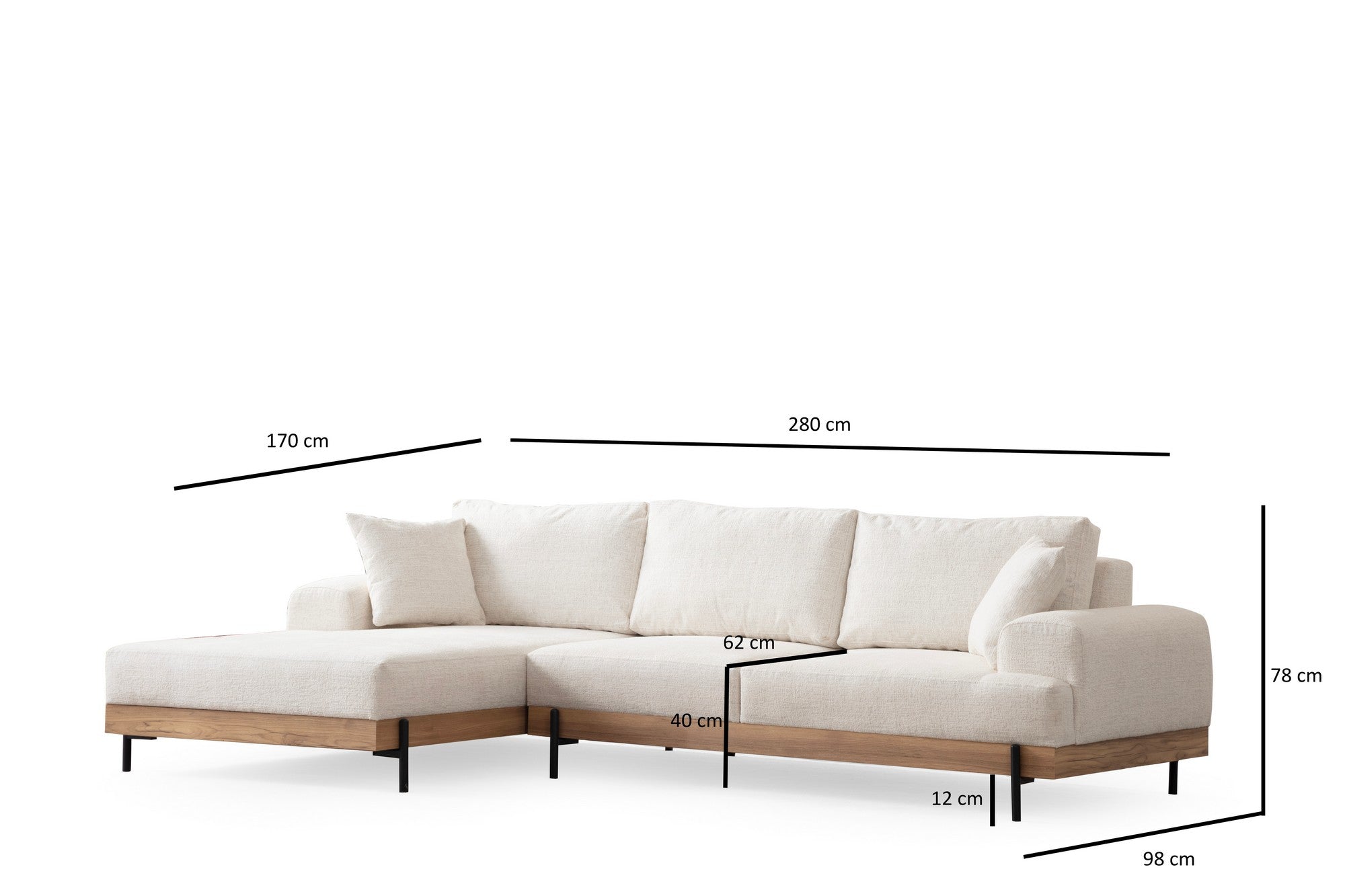 Sofá de canto elegante, branco, 170 x 280 cm | Estrutura em madeira de faia e aglomerado, 100% poliéster, assento em espuma macia | Design moderno com pernas de metal