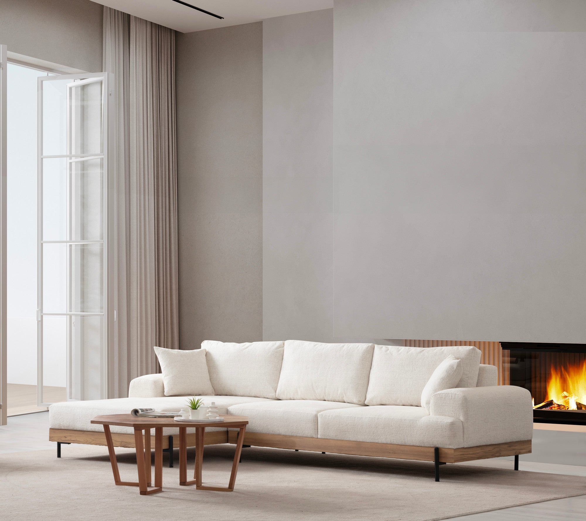 Sofá de canto elegante, branco, 170 x 280 cm | Estrutura em madeira de faia e aglomerado, 100% poliéster, assento em espuma macia | Design moderno com pernas de metal