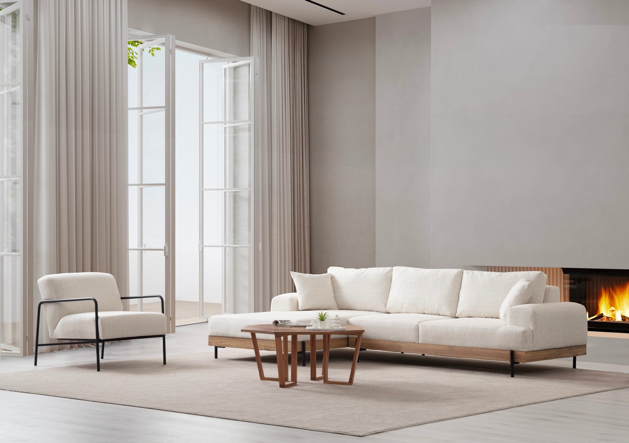 Sofá de canto elegante, branco, 170 x 280 cm | Estrutura em madeira de faia e aglomerado, 100% poliéster, assento em espuma macia | Design moderno com pernas de metal