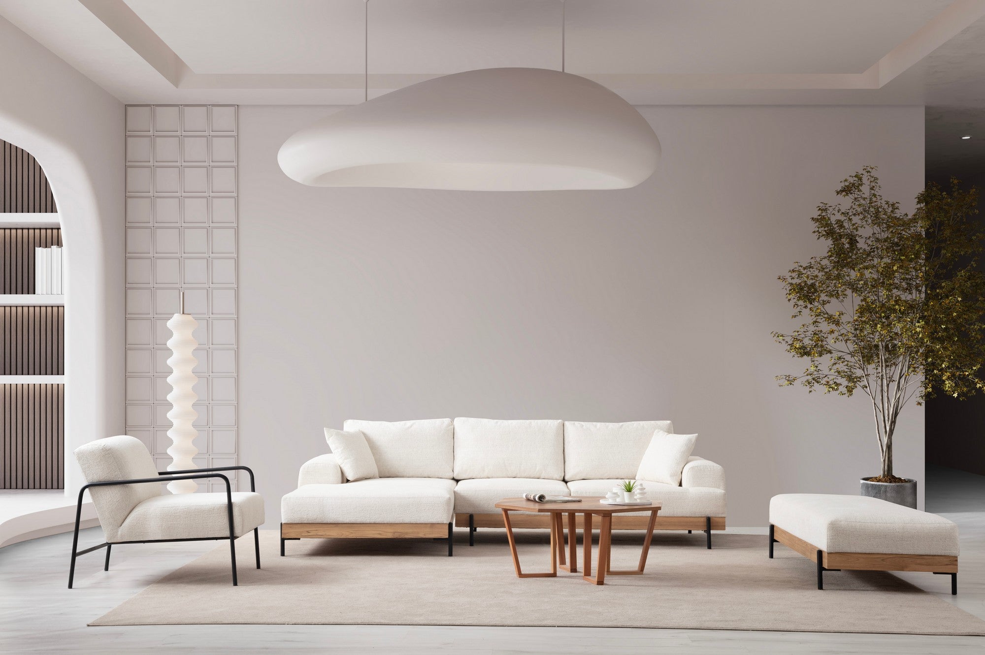Sofá de canto elegante, branco, 170 x 280 cm | Estrutura em madeira de faia e aglomerado, 100% poliéster, assento em espuma macia | Design moderno com pernas de metal