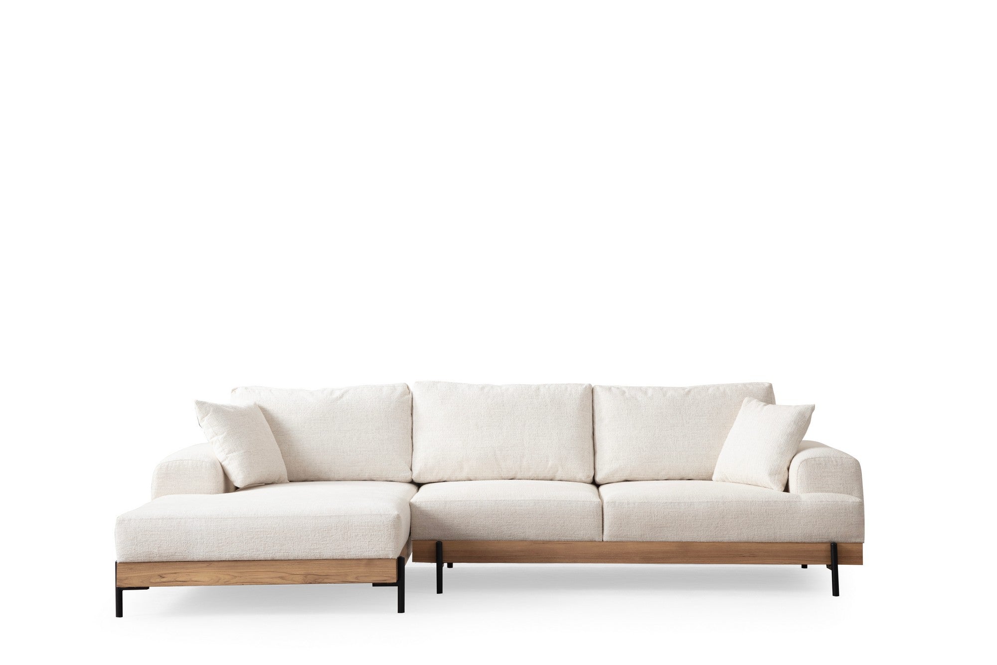Sofá de canto elegante, branco, 170 x 280 cm | Estrutura em madeira de faia e aglomerado, 100% poliéster, assento em espuma macia | Design moderno com pernas de metal