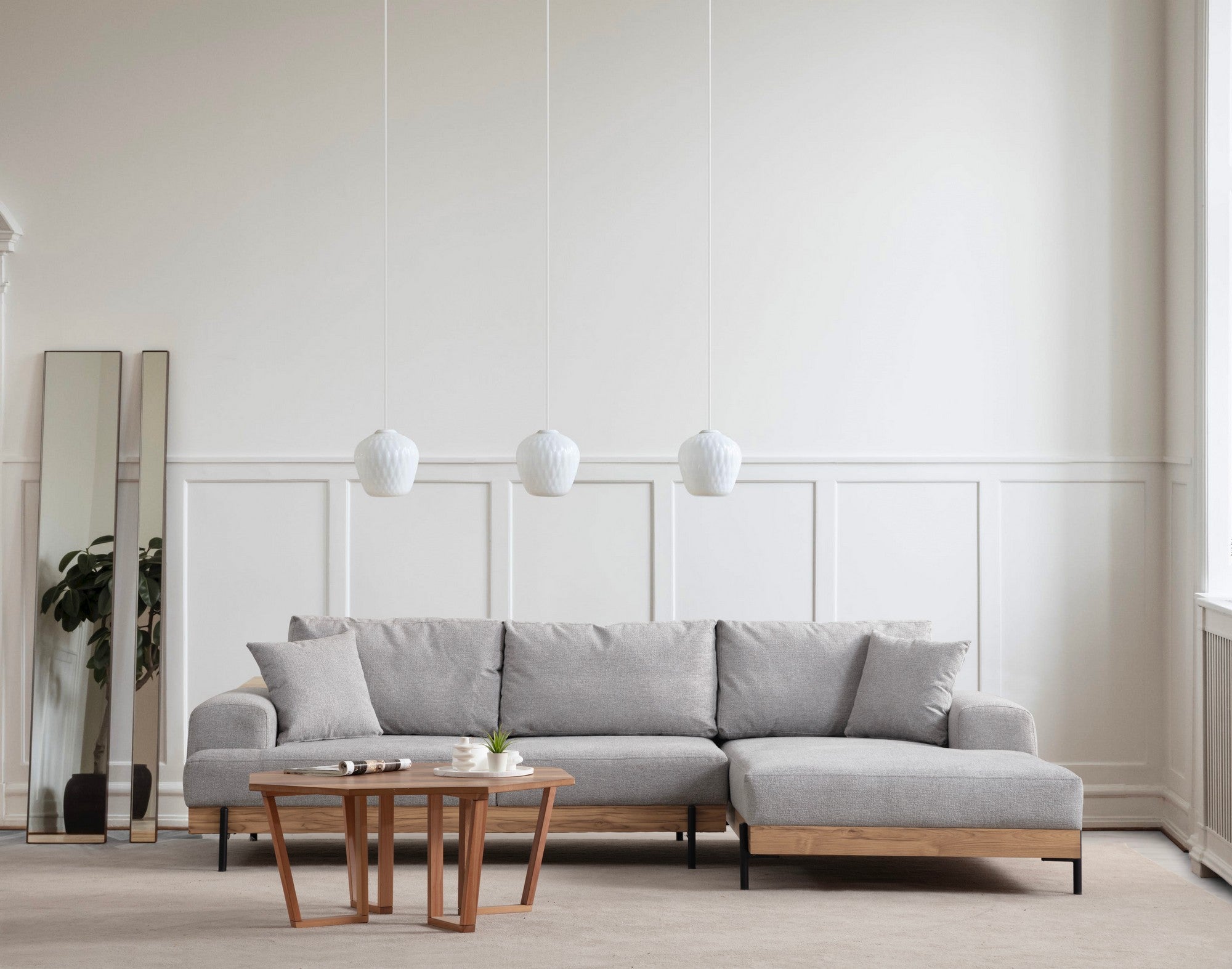 Sofá de canto elegante, cinza, 280 x 170 cm | Estrutura em madeira de faia e aglomerado, 100% poliéster, assento em espuma macia | Design moderno com pernas de metal, lavável a seco