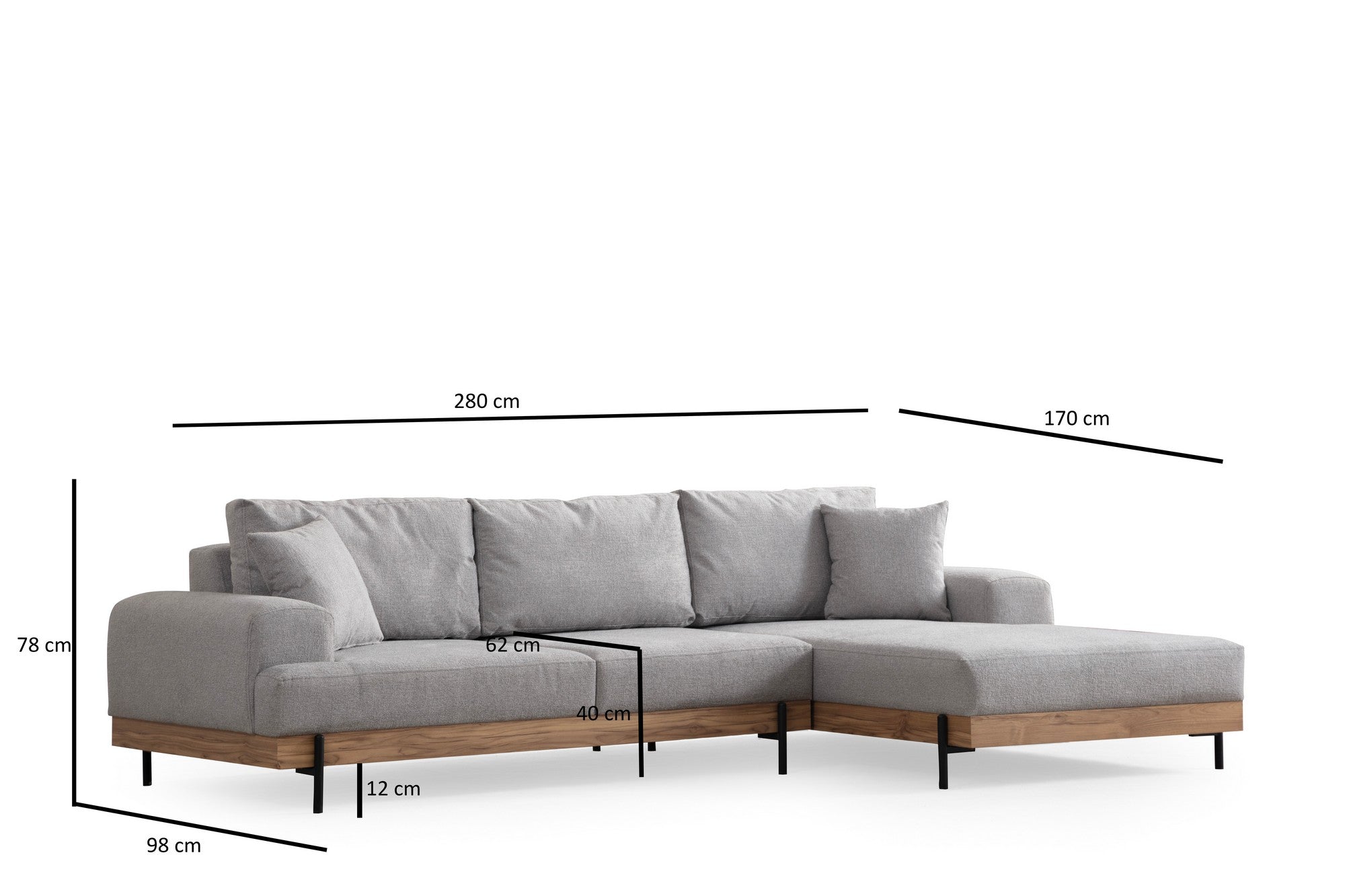 Sofá de canto elegante, cinza, 280 x 170 cm | Estrutura em madeira de faia e aglomerado, 100% poliéster, assento em espuma macia | Design moderno com pernas de metal, lavável a seco