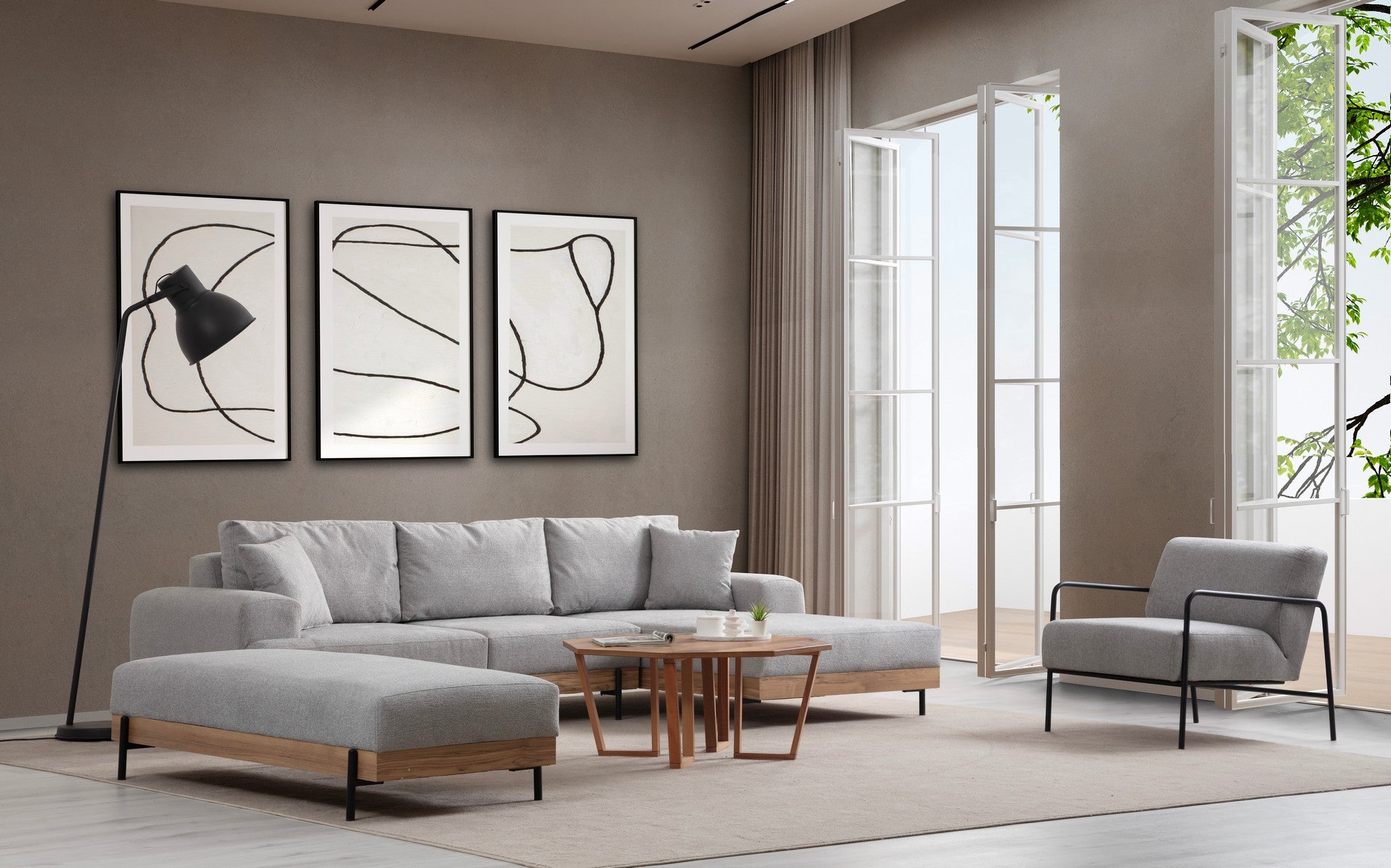 Sofá de canto elegante, cinza, 280 x 170 cm | Estrutura em madeira de faia e aglomerado, 100% poliéster, assento em espuma macia | Design moderno com pernas de metal, lavável a seco