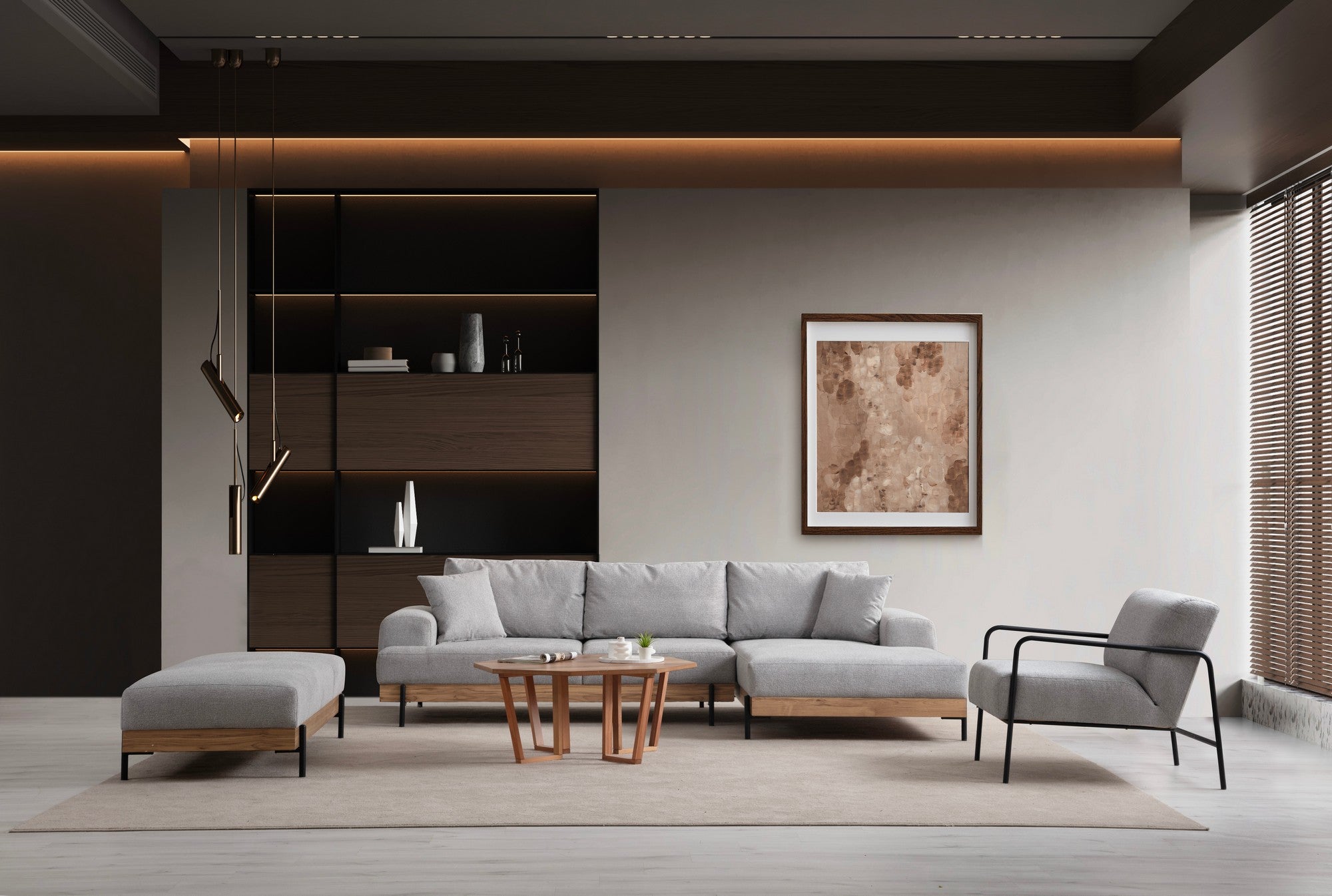 Sofá de canto elegante, cinza, 280 x 170 cm | Estrutura em madeira de faia e aglomerado, 100% poliéster, assento em espuma macia | Design moderno com pernas de metal, lavável a seco