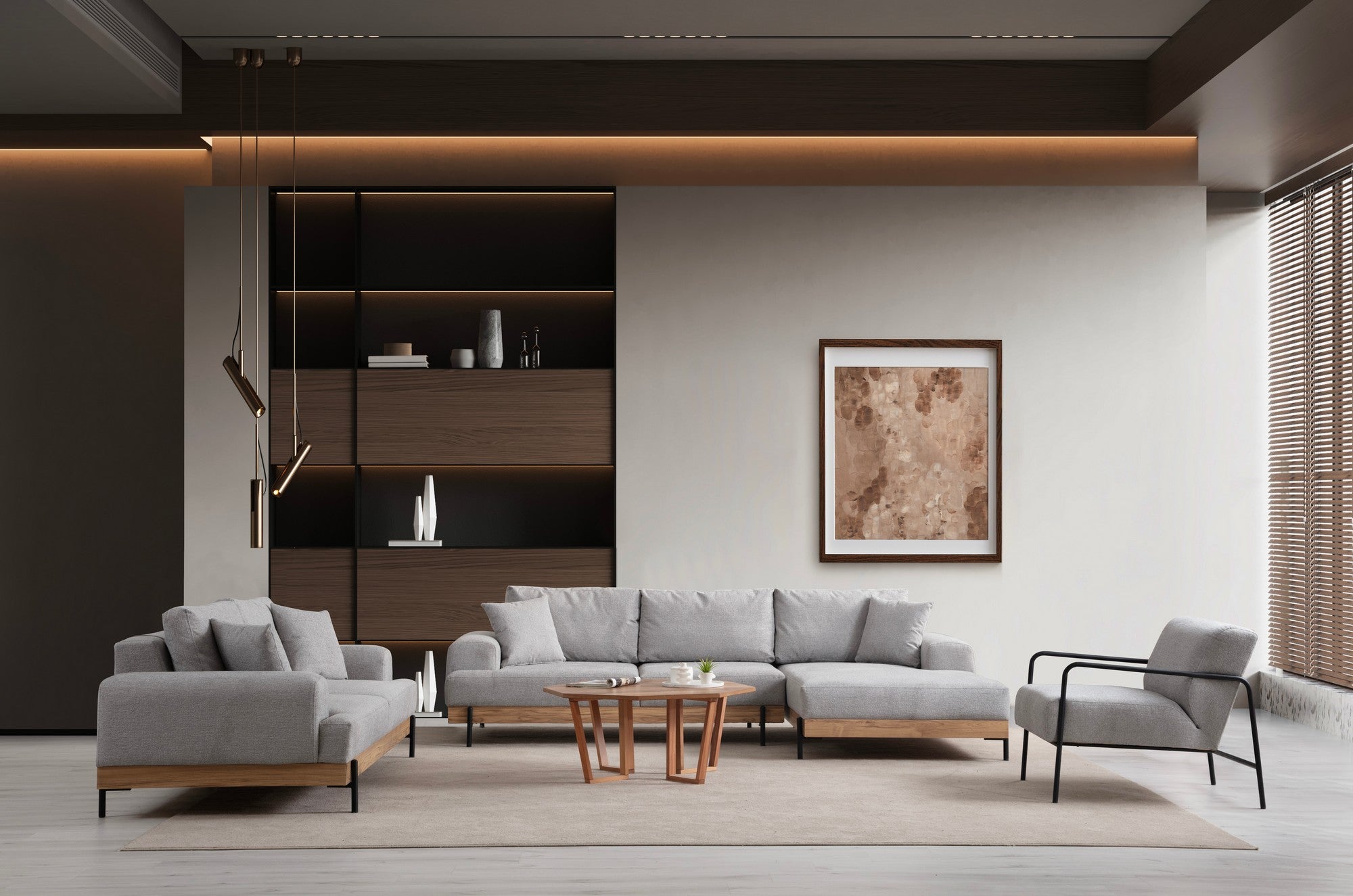 Sofá de canto elegante, cinza, 280 x 170 cm | Estrutura em madeira de faia e aglomerado, 100% poliéster, assento em espuma macia | Design moderno com pernas de metal, lavável a seco