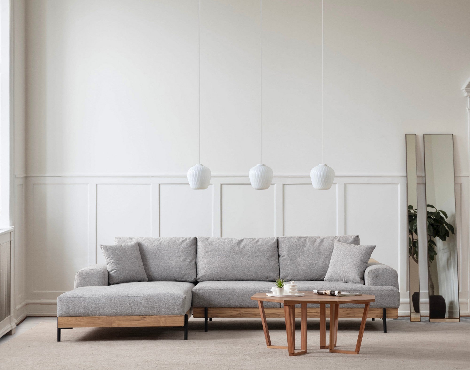 Sofá de canto elegante, cinza, 170 x 280 cm | Estrutura em madeira de faia e aglomerado, 100% poliéster, assento em espuma macia | Pés de metal, tecido lavável a seco, design moderno