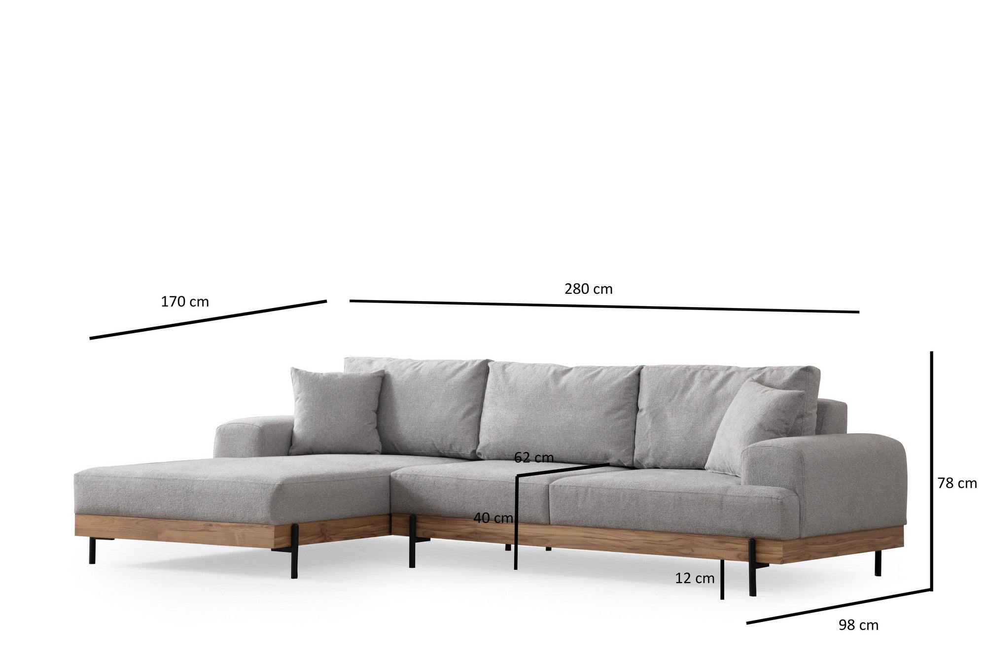 Sofá de canto elegante, cinza, 170 x 280 cm | Estrutura em madeira de faia e aglomerado, 100% poliéster, assento em espuma macia | Pés de metal, tecido lavável a seco, design moderno