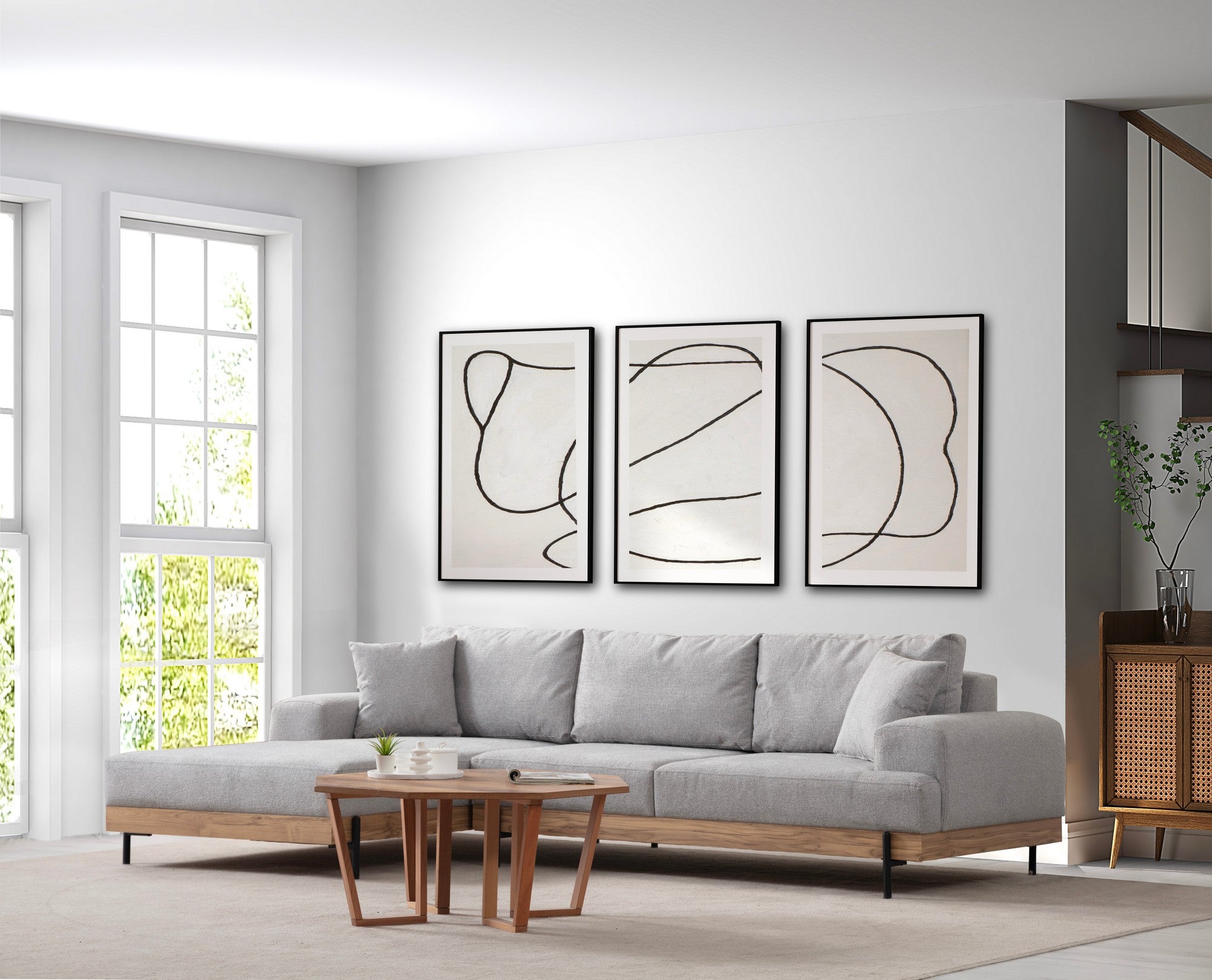 Sofá de canto elegante, cinza, 170 x 280 cm | Estrutura em madeira de faia e aglomerado, 100% poliéster, assento em espuma macia | Pés de metal, tecido lavável a seco, design moderno