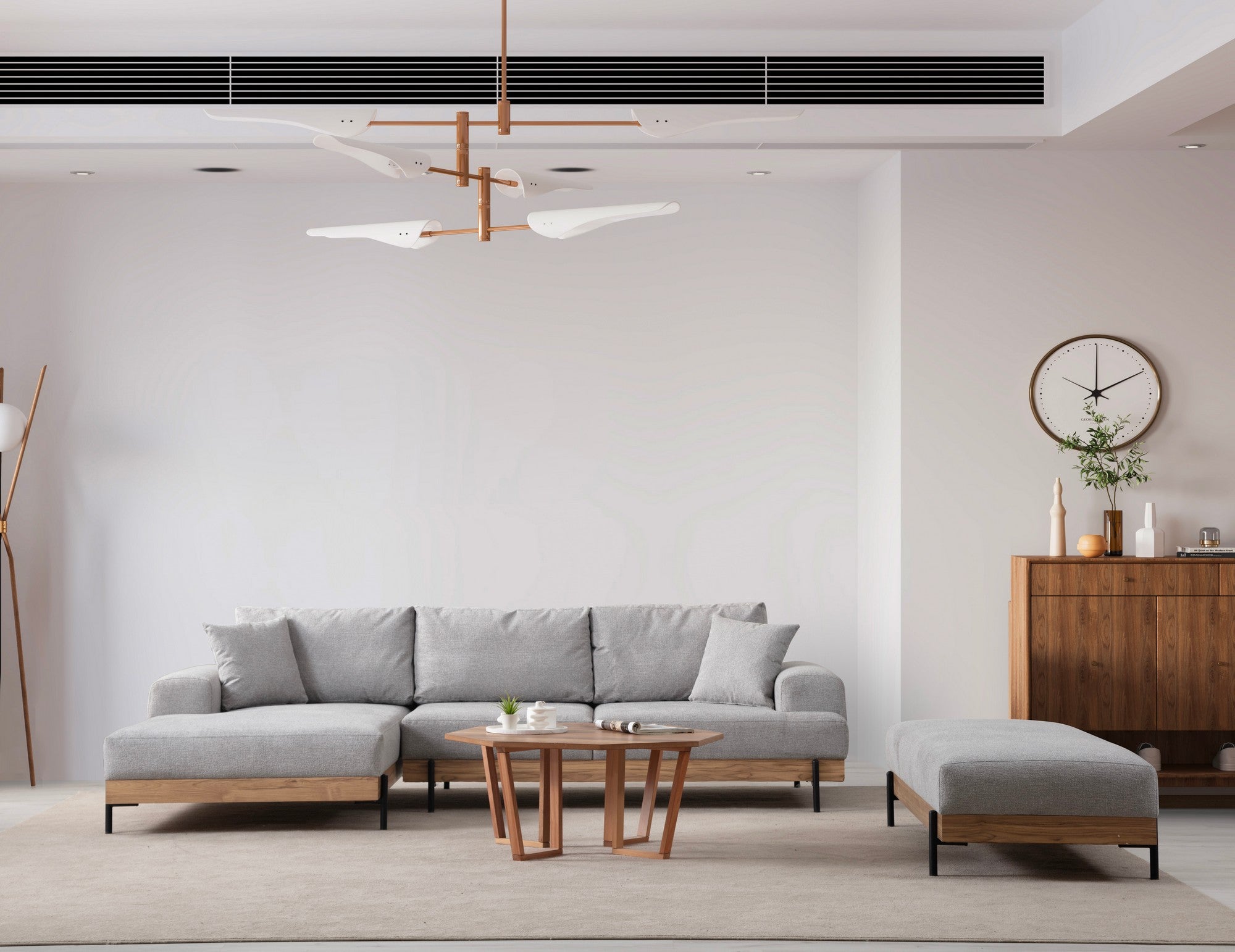 Sofá de canto elegante, cinza, 170 x 280 cm | Estrutura em madeira de faia e aglomerado, 100% poliéster, assento em espuma macia | Pés de metal, tecido lavável a seco, design moderno