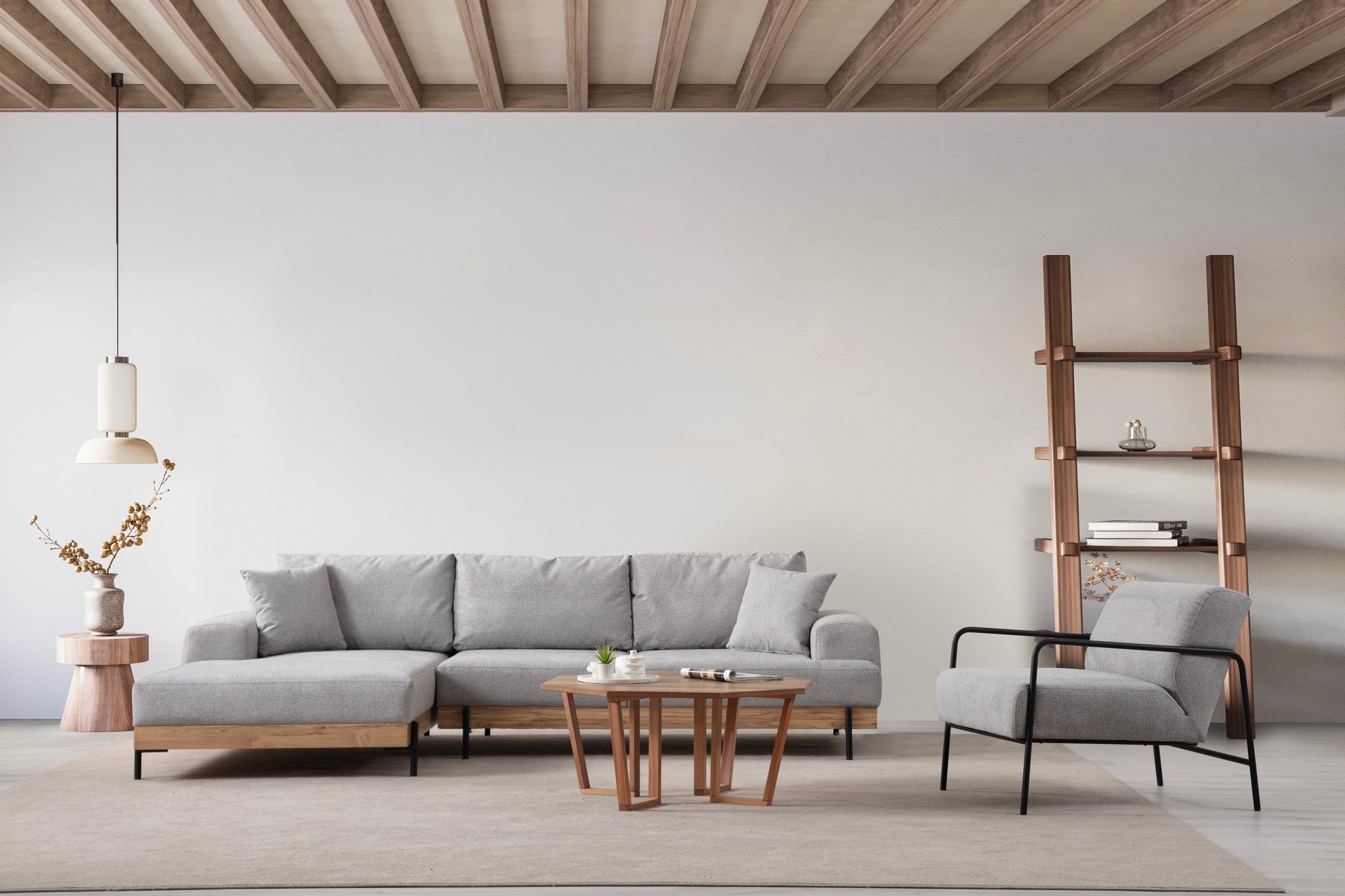 Sofá de canto elegante, cinza, 170 x 280 cm | Estrutura em madeira de faia e aglomerado, 100% poliéster, assento em espuma macia | Pés de metal, tecido lavável a seco, design moderno