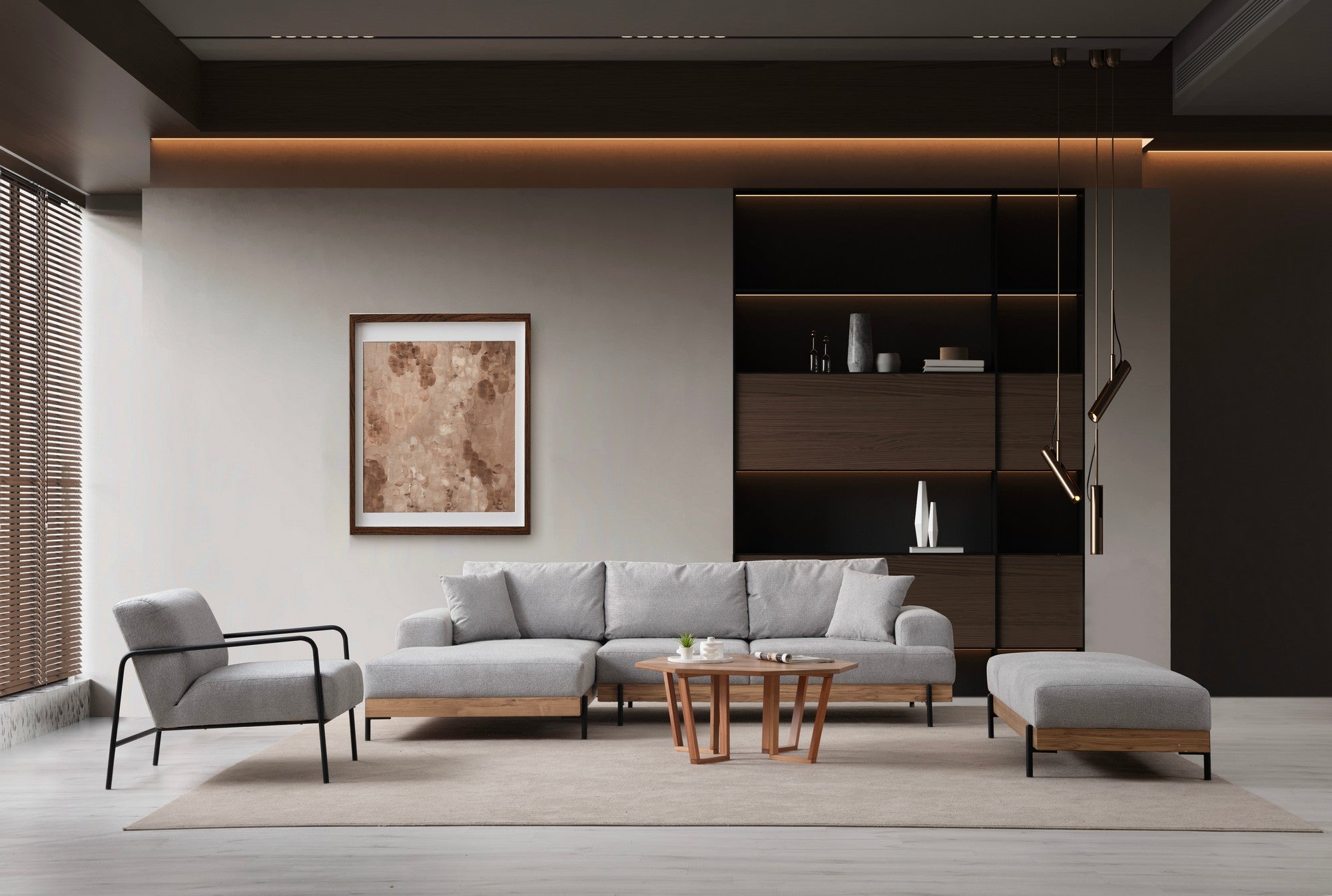 Sofá de canto elegante, cinza, 170 x 280 cm | Estrutura em madeira de faia e aglomerado, 100% poliéster, assento em espuma macia | Pés de metal, tecido lavável a seco, design moderno