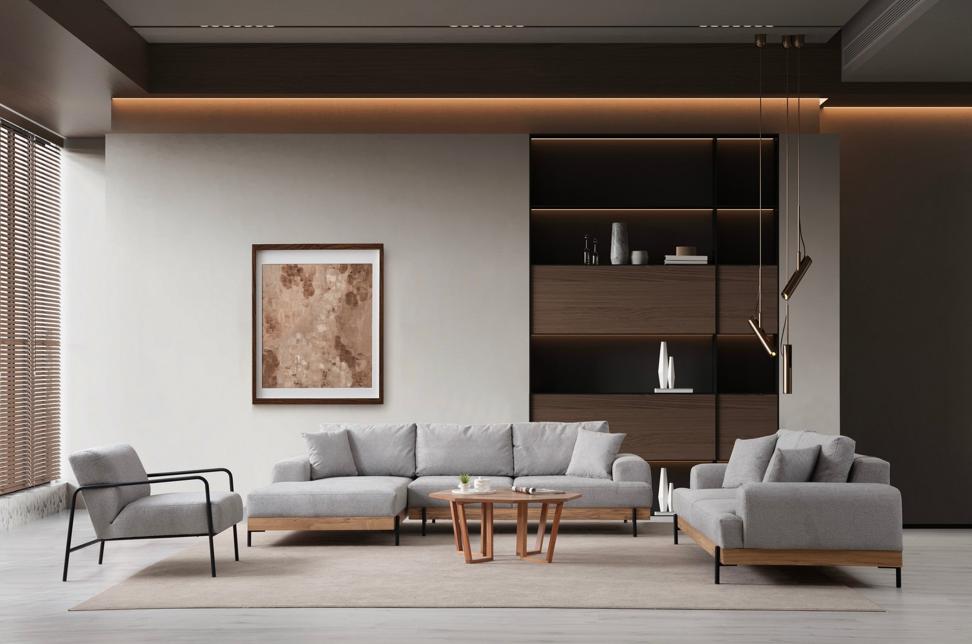 Sofá de canto elegante, cinza, 170 x 280 cm | Estrutura em madeira de faia e aglomerado, 100% poliéster, assento em espuma macia | Pés de metal, tecido lavável a seco, design moderno