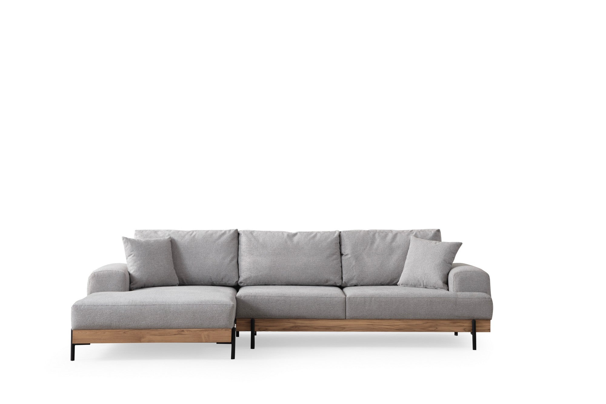Sofá de canto elegante, cinza, 170 x 280 cm | Estrutura em madeira de faia e aglomerado, 100% poliéster, assento em espuma macia | Pés de metal, tecido lavável a seco, design moderno