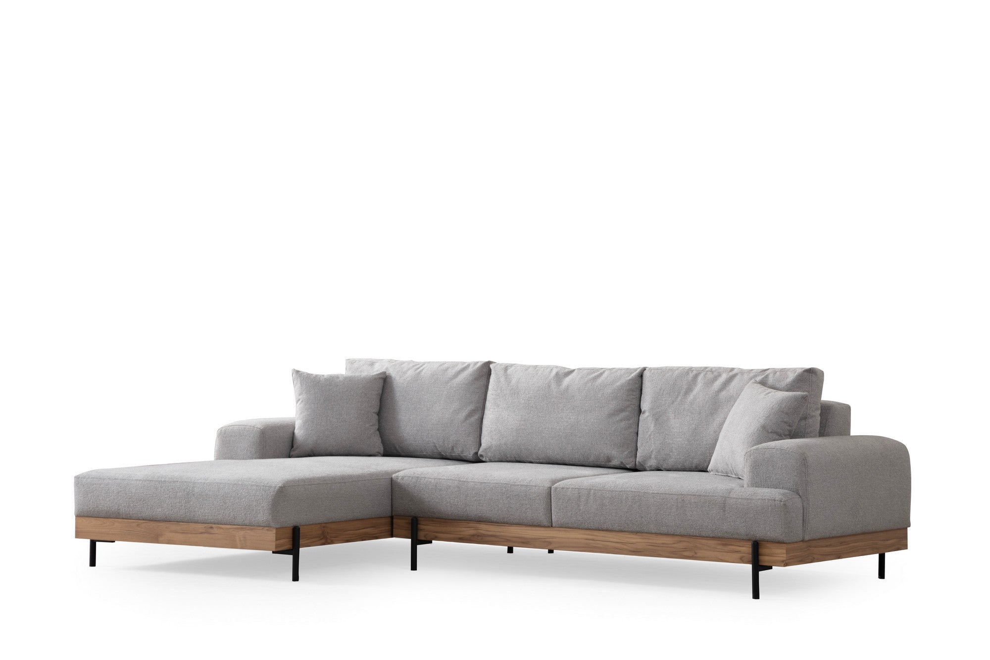 Sofá de canto elegante, cinza, 170 x 280 cm | Estrutura em madeira de faia e aglomerado, 100% poliéster, assento em espuma macia | Pés de metal, tecido lavável a seco, design moderno