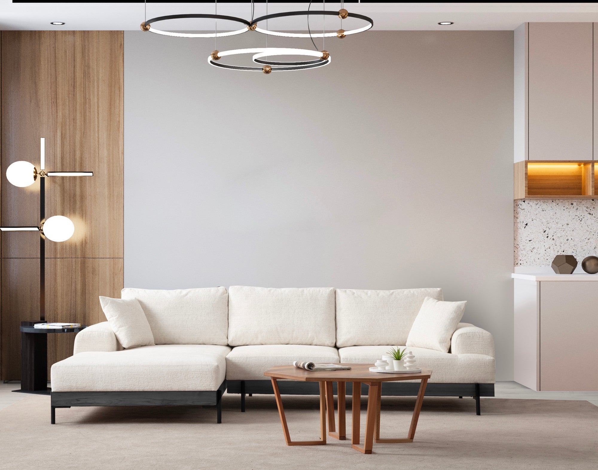 Sofá de canto elegante, branco, 170 x 280 cm | Estrutura em madeira de faia e aglomerado, 100% poliéster, assento em espuma macia | Design moderno com pernas de metal