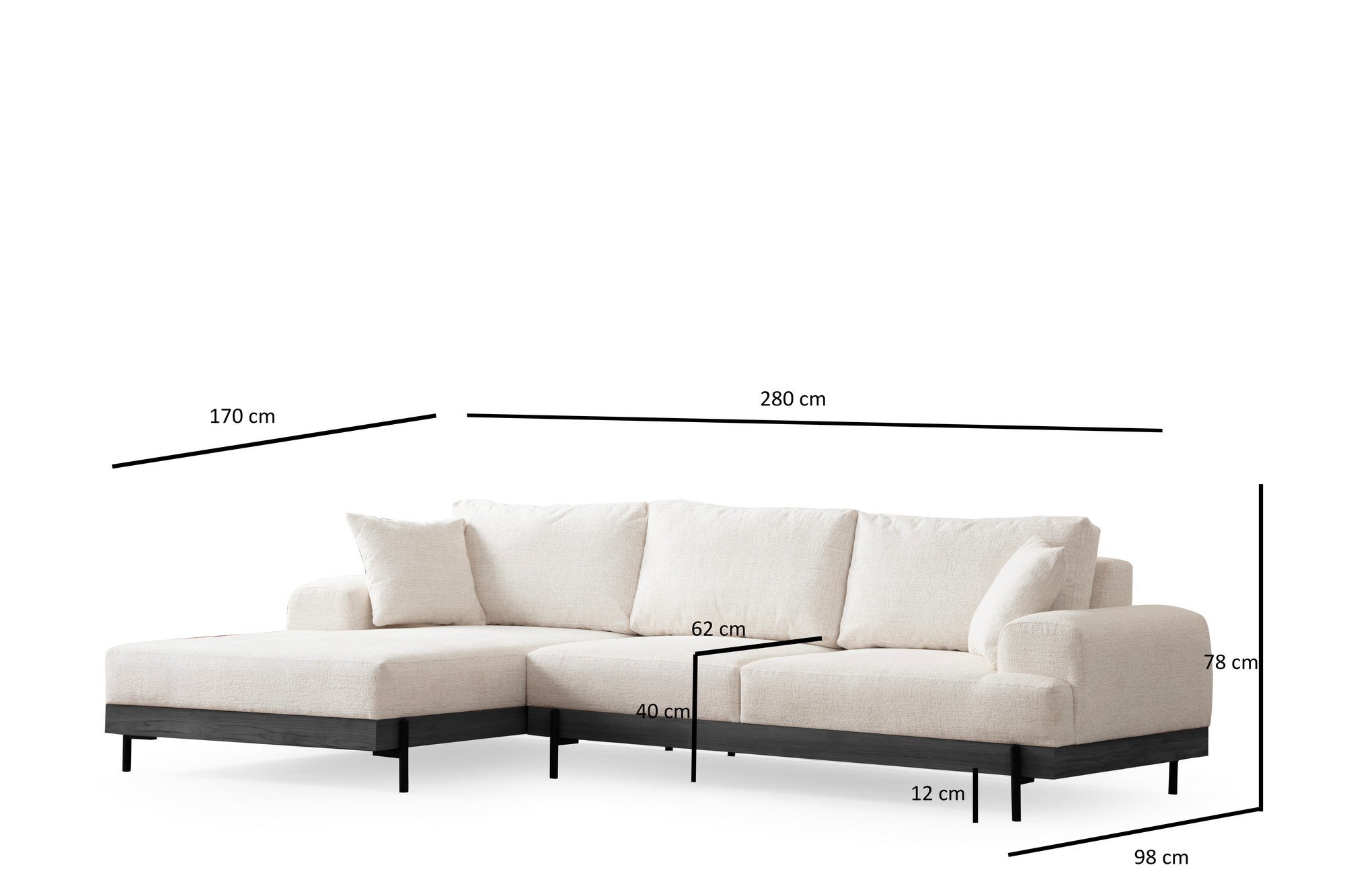 Sofá de canto elegante, branco, 170 x 280 cm | Estrutura em madeira de faia e aglomerado, 100% poliéster, assento em espuma macia | Design moderno com pernas de metal