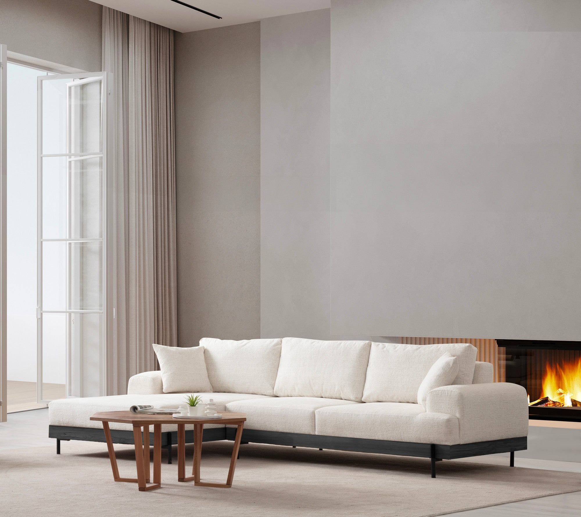 Sofá de canto elegante, branco, 170 x 280 cm | Estrutura em madeira de faia e aglomerado, 100% poliéster, assento em espuma macia | Design moderno com pernas de metal