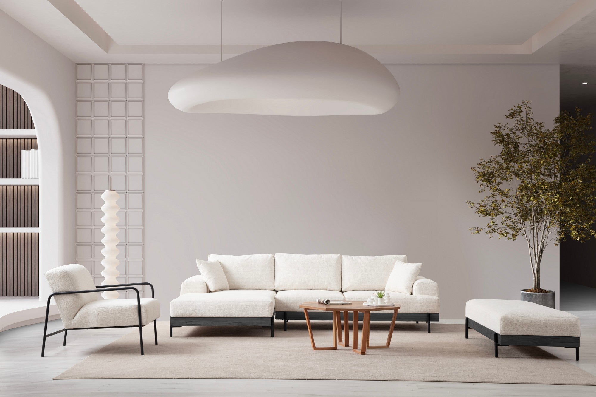 Sofá de canto elegante, branco, 170 x 280 cm | Estrutura em madeira de faia e aglomerado, 100% poliéster, assento em espuma macia | Design moderno com pernas de metal