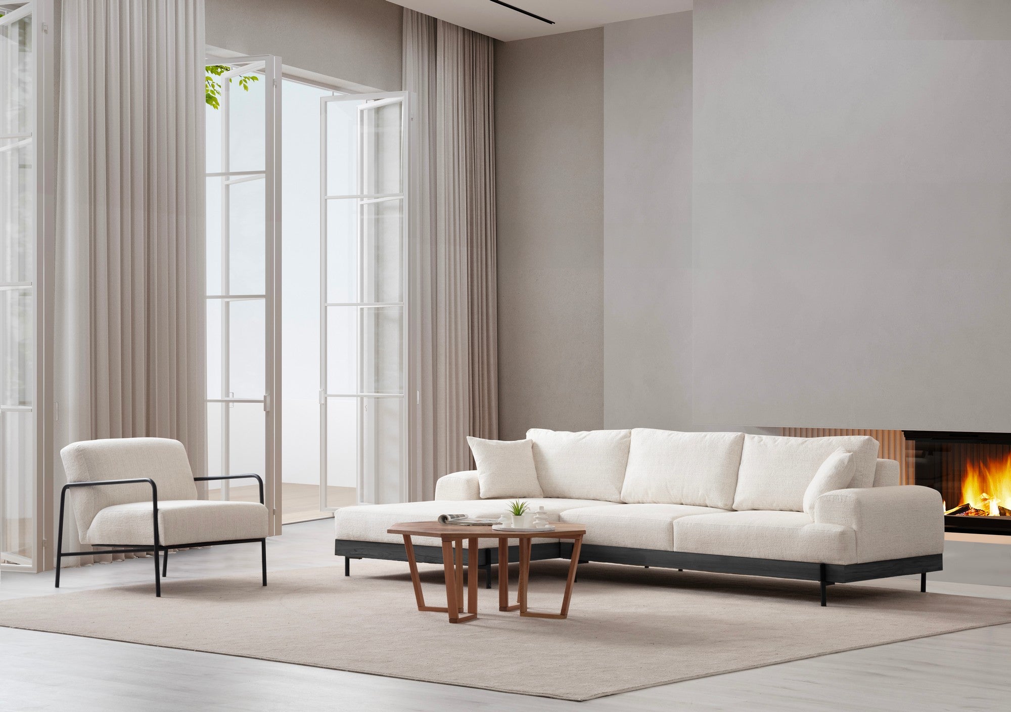 Sofá de canto elegante, branco, 170 x 280 cm | Estrutura em madeira de faia e aglomerado, 100% poliéster, assento em espuma macia | Design moderno com pernas de metal