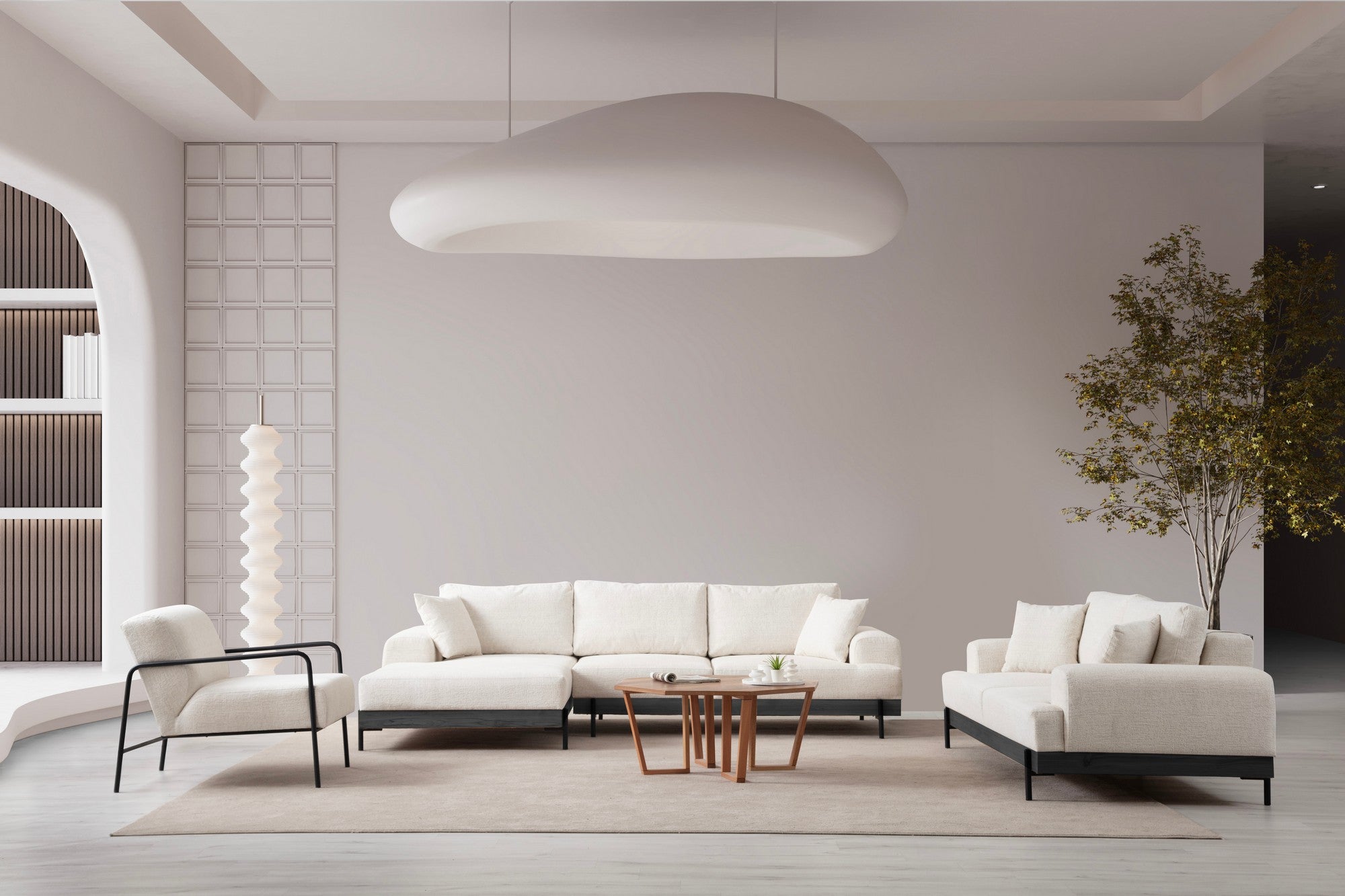 Sofá de canto elegante, branco, 170 x 280 cm | Estrutura em madeira de faia e aglomerado, 100% poliéster, assento em espuma macia | Design moderno com pernas de metal