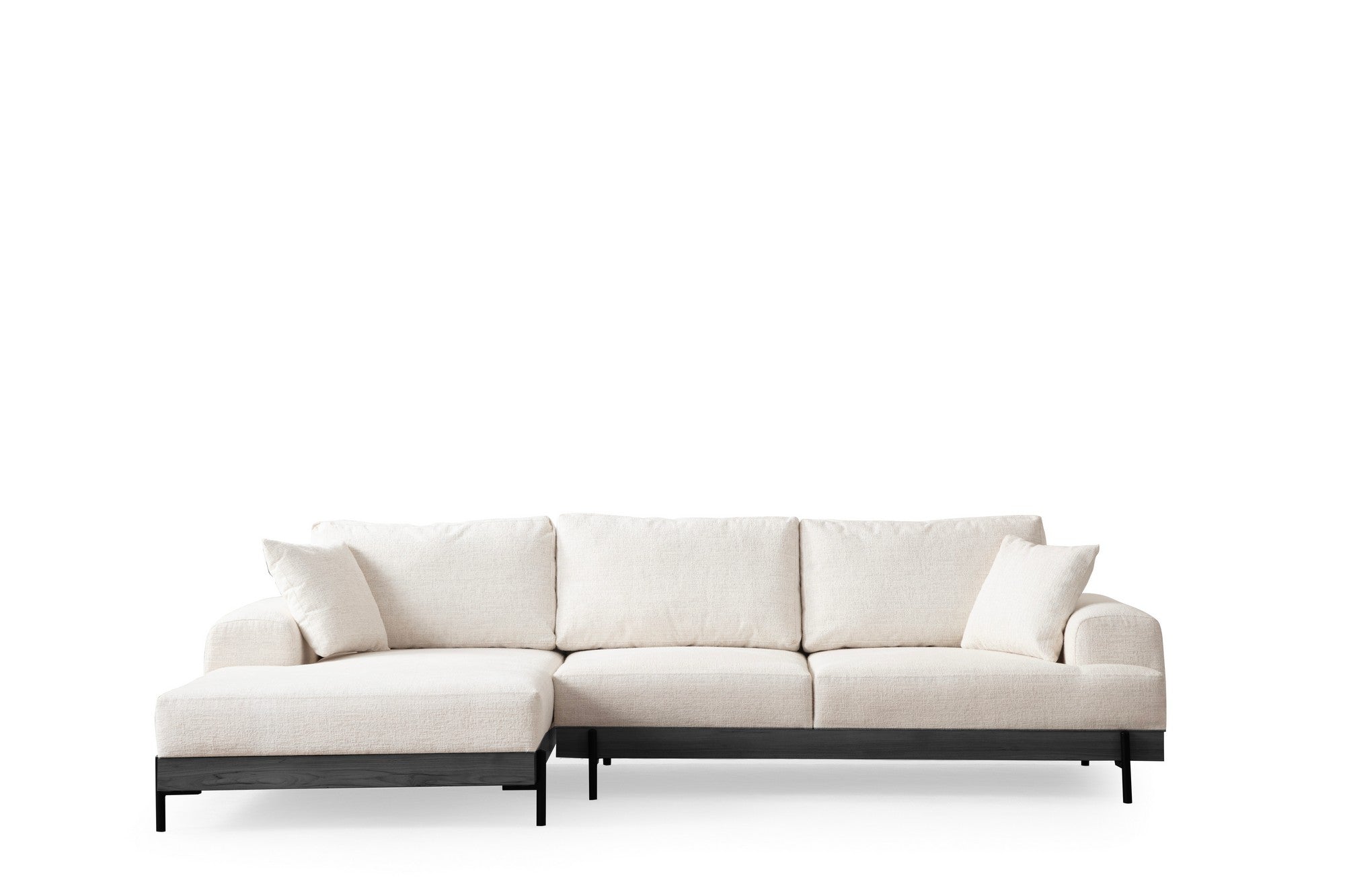 Sofá de canto elegante, branco, 170 x 280 cm | Estrutura em madeira de faia e aglomerado, 100% poliéster, assento em espuma macia | Design moderno com pernas de metal
