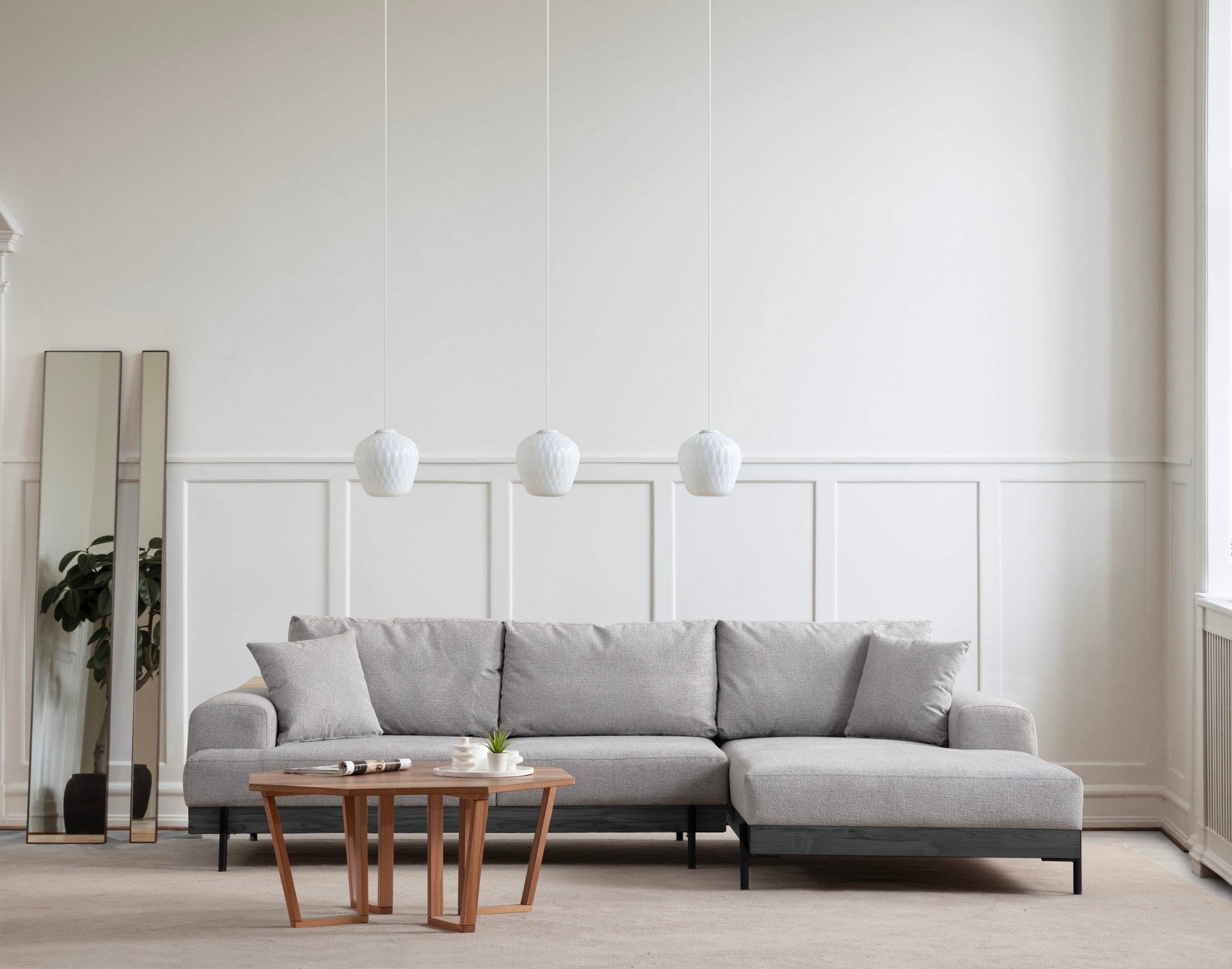 Sofá de canto elegante, cinza, 280 x 170 cm | Estrutura em madeira de faia e aglomerado, 100% poliéster, assento em espuma macia | Design moderno com pernas de metal, lavável a seco