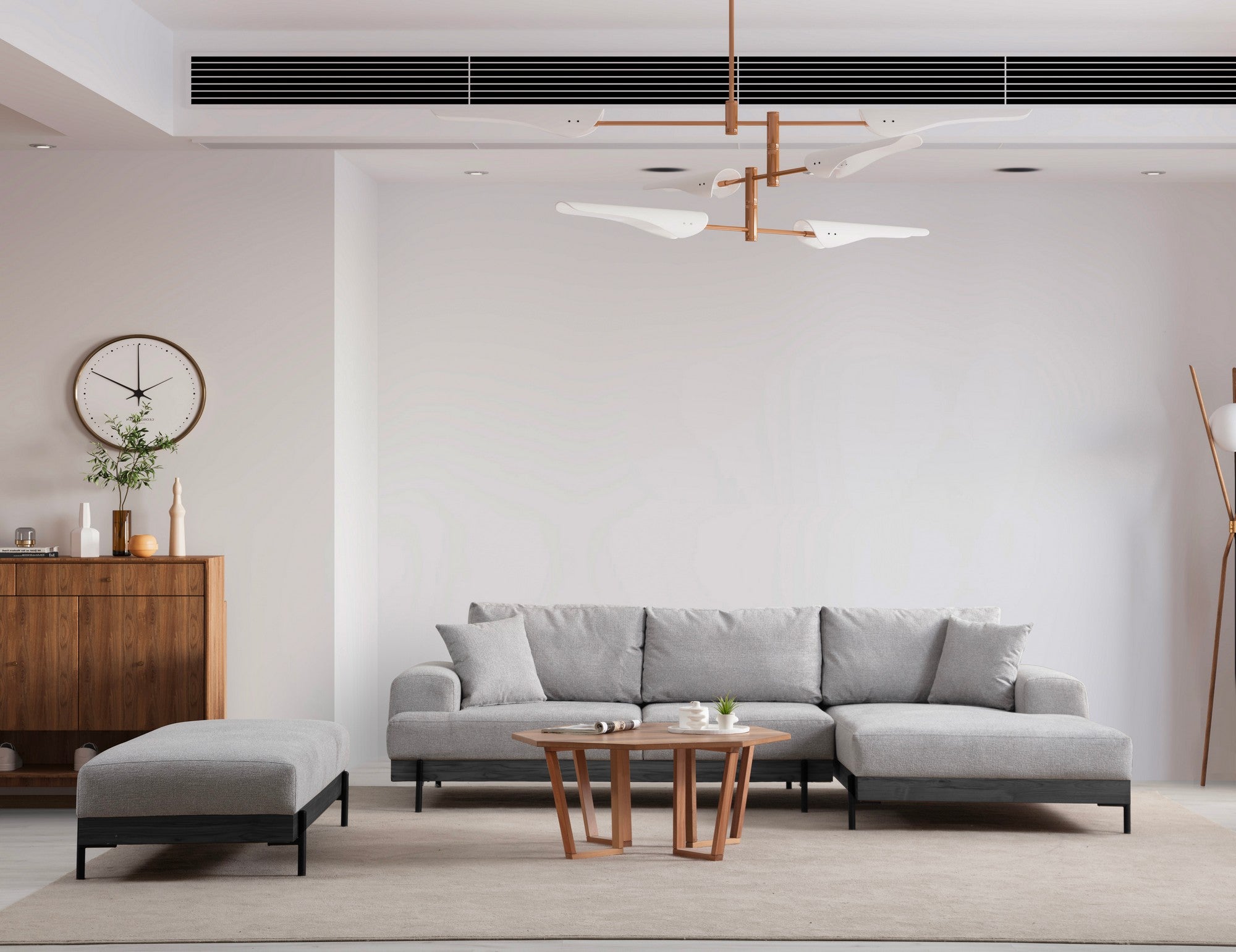 Sofá de canto elegante, cinza, 280 x 170 cm | Estrutura em madeira de faia e aglomerado, 100% poliéster, assento em espuma macia | Design moderno com pernas de metal, lavável a seco