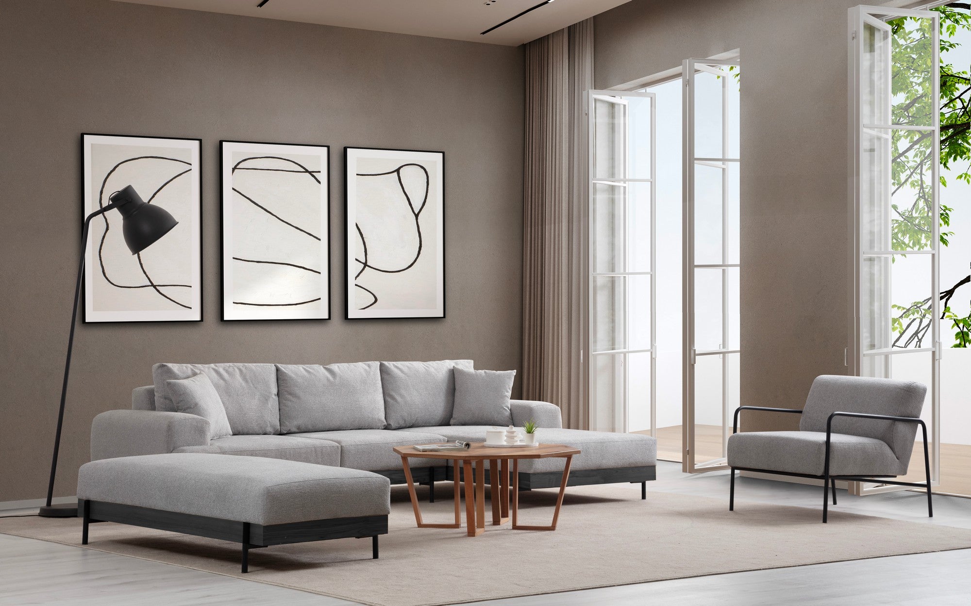 Sofá de canto elegante, cinza, 280 x 170 cm | Estrutura em madeira de faia e aglomerado, 100% poliéster, assento em espuma macia | Design moderno com pernas de metal, lavável a seco