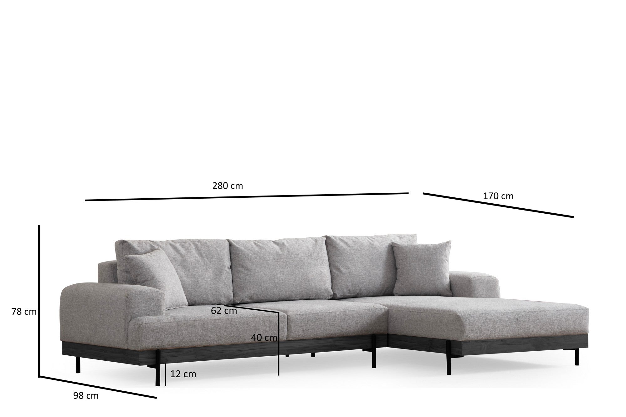 Sofá de canto elegante, cinza, 280 x 170 cm | Estrutura em madeira de faia e aglomerado, 100% poliéster, assento em espuma macia | Design moderno com pernas de metal, lavável a seco