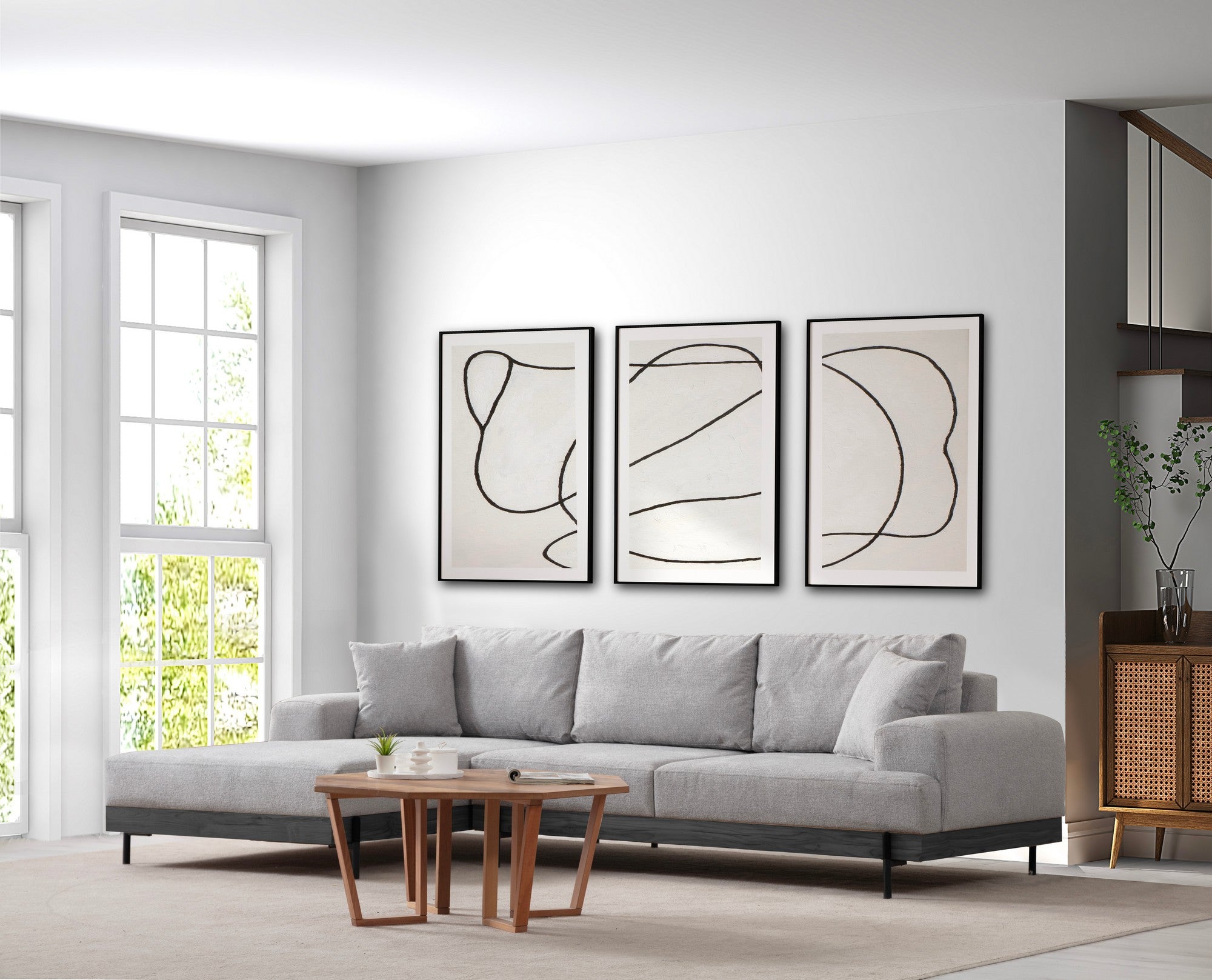 Sofá de canto elegante, cinza, 170 x 280 cm | Estrutura em madeira de faia e aglomerado, 100% poliéster, assento em espuma macia | Pés de metal, tecido lavável a seco, design moderno