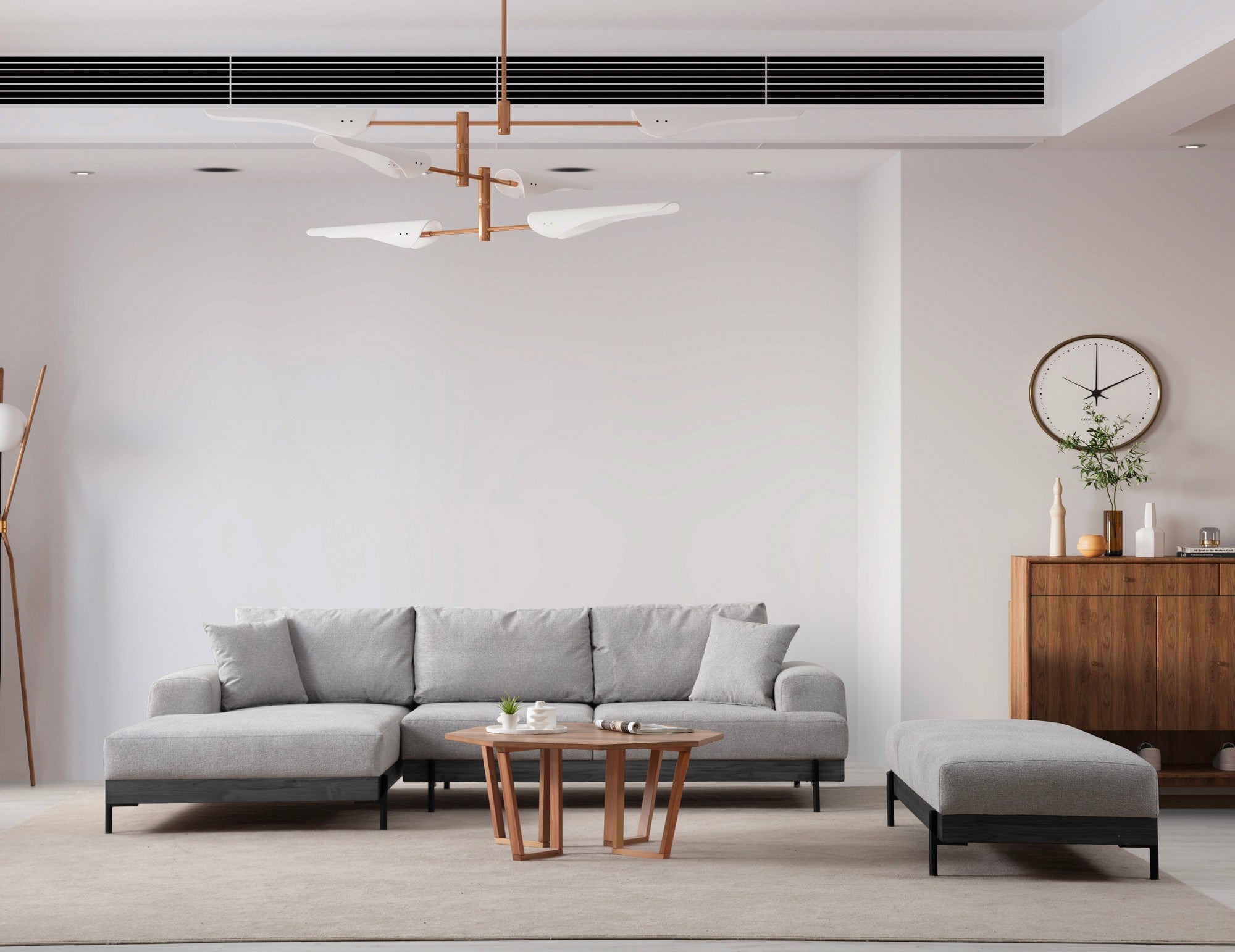 Sofá de canto elegante, cinza, 170 x 280 cm | Estrutura em madeira de faia e aglomerado, 100% poliéster, assento em espuma macia | Pés de metal, tecido lavável a seco, design moderno