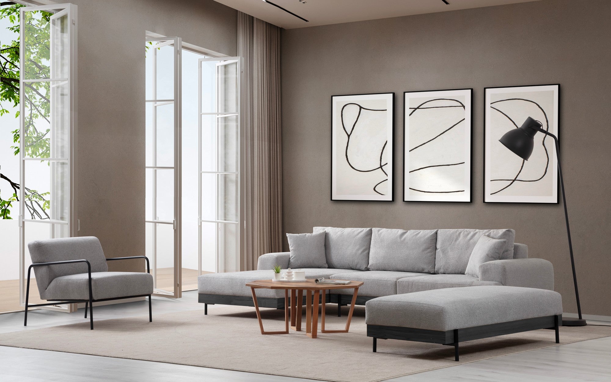 Sofá de canto elegante, cinza, 170 x 280 cm | Estrutura em madeira de faia e aglomerado, 100% poliéster, assento em espuma macia | Pés de metal, tecido lavável a seco, design moderno