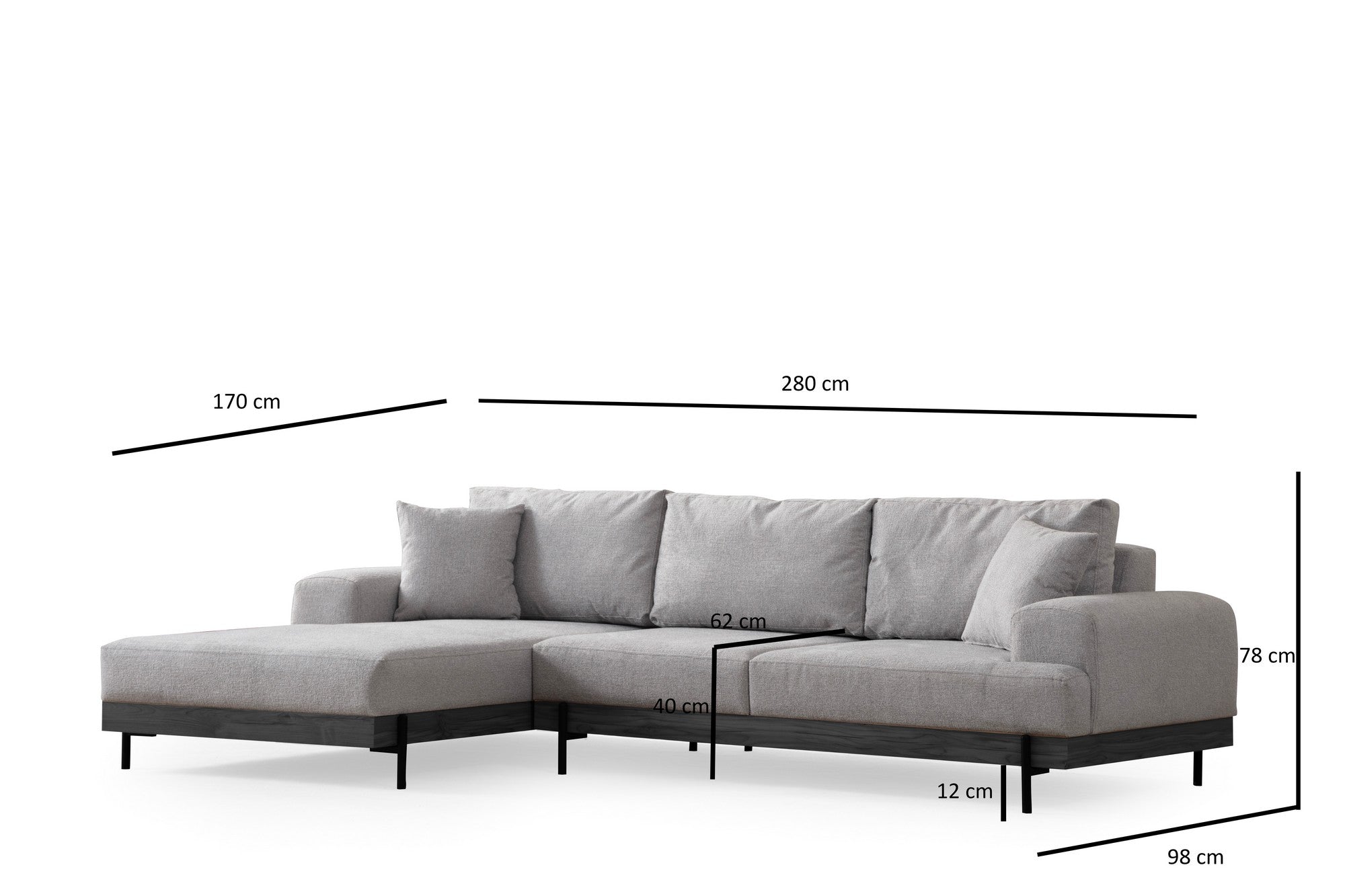 Sofá de canto elegante, cinza, 170 x 280 cm | Estrutura em madeira de faia e aglomerado, 100% poliéster, assento em espuma macia | Pés de metal, tecido lavável a seco, design moderno