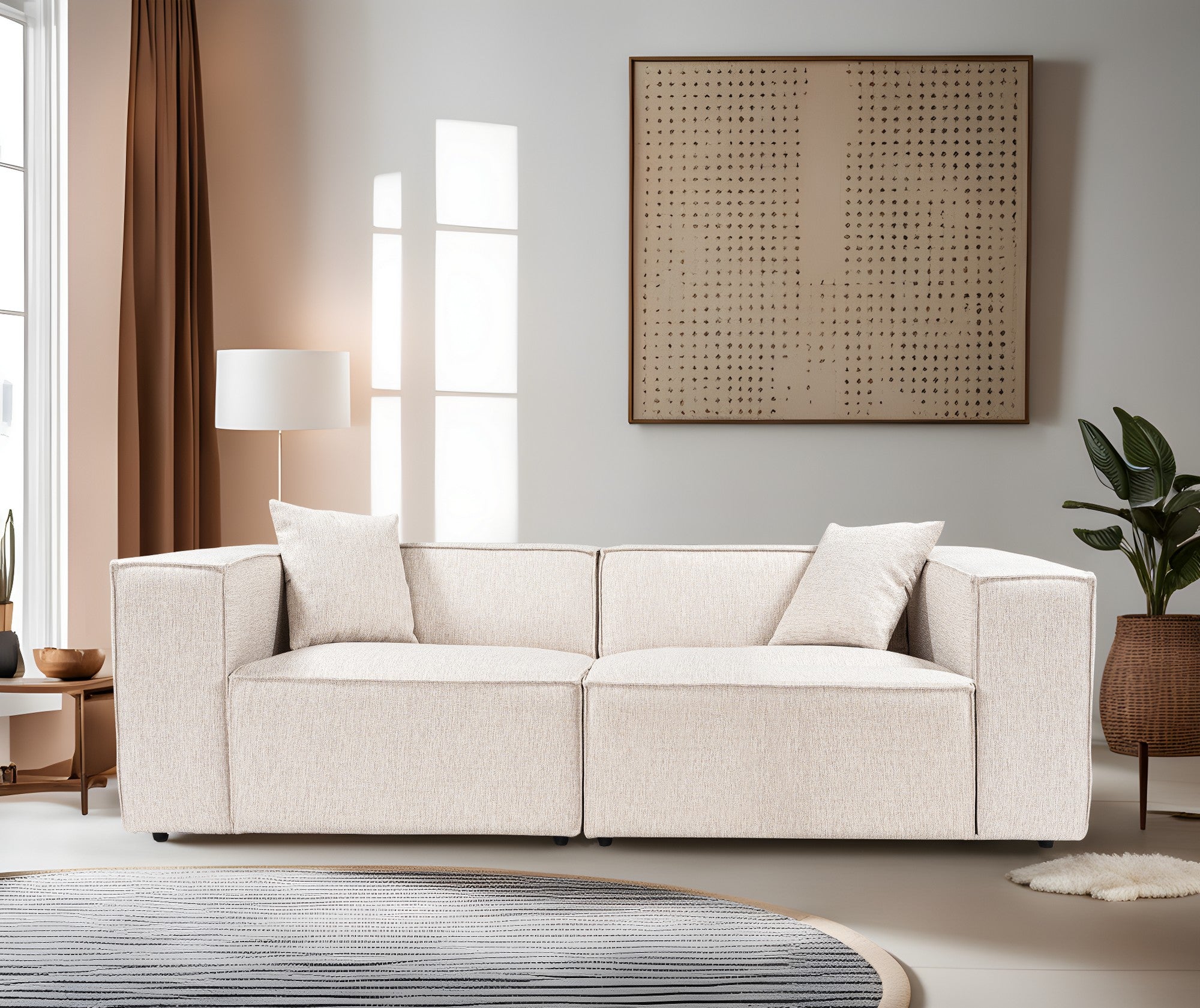 Sofá marrom claro de 2 lugares, 220 cm | Estrutura 100% madeira de carpa, tecido 100% linho, espuma 32 DNS, inclui 2 almofadas | Elegante e confortável para espaços modernos