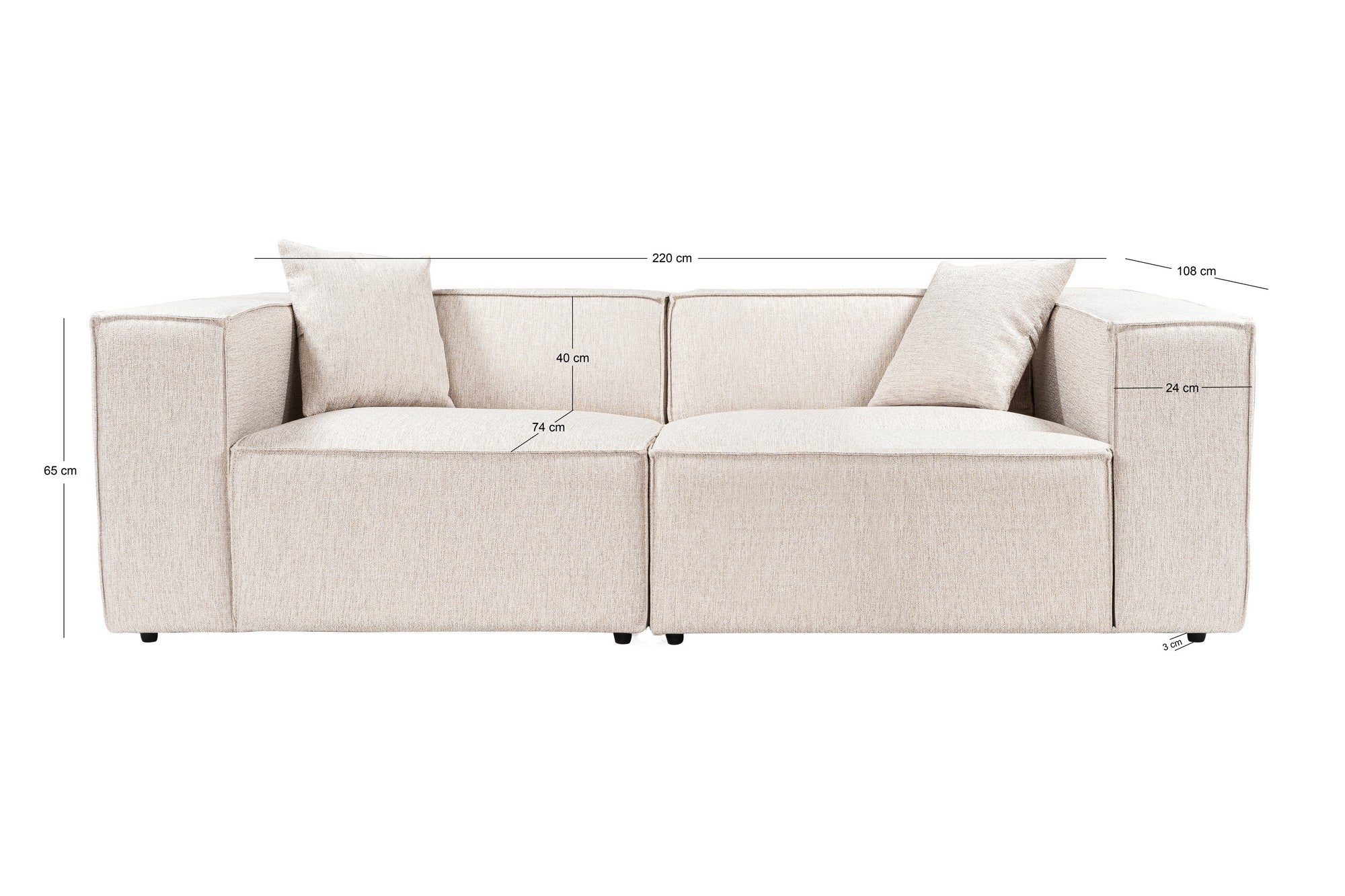 Sofá marrom claro de 2 lugares, 220 cm | Estrutura 100% madeira de carpa, tecido 100% linho, espuma 32 DNS, inclui 2 almofadas | Elegante e confortável para espaços modernos