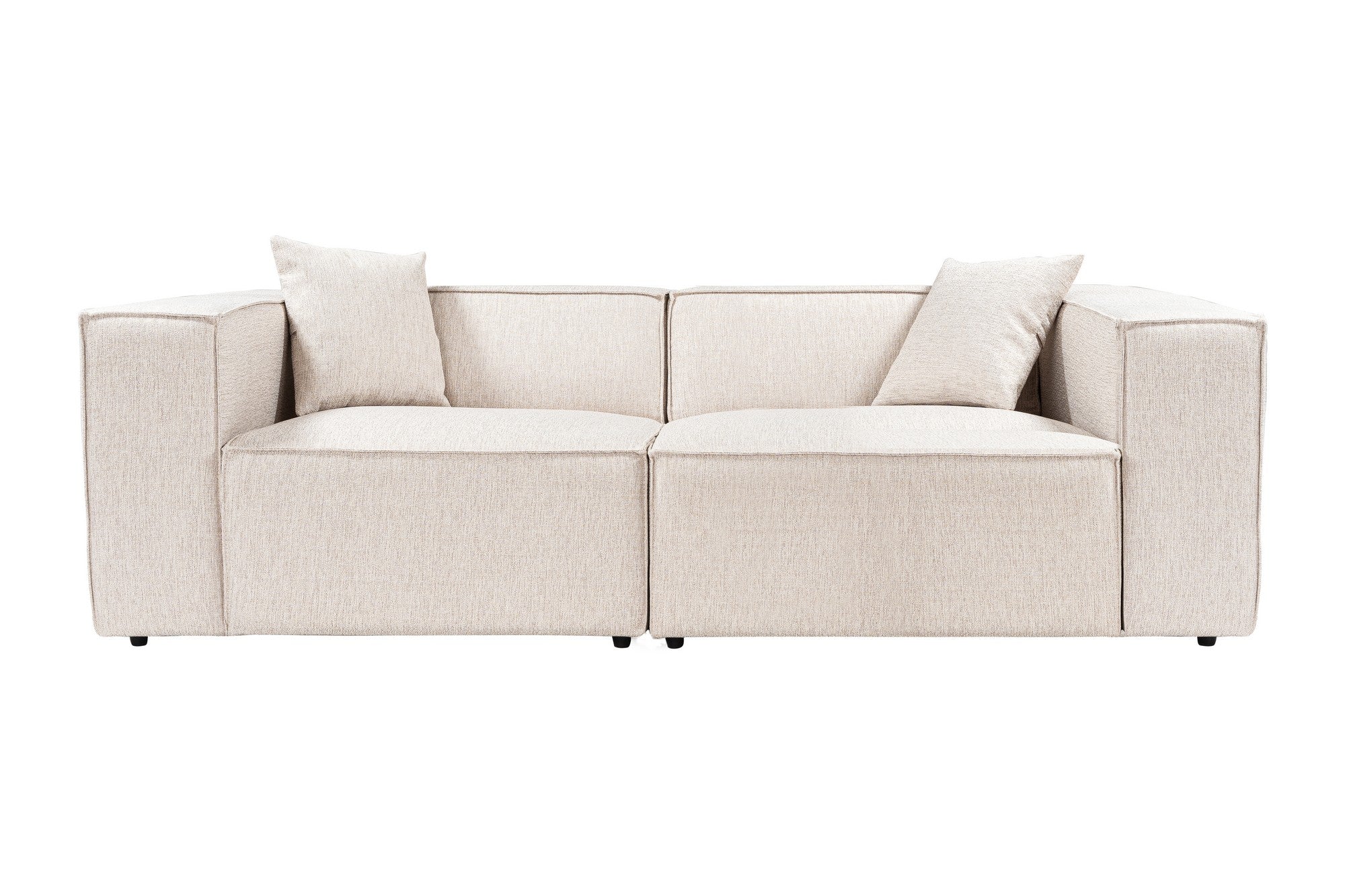 Sofá marrom claro de 2 lugares, 220 cm | Estrutura 100% madeira de carpa, tecido 100% linho, espuma 32 DNS, inclui 2 almofadas | Elegante e confortável para espaços modernos
