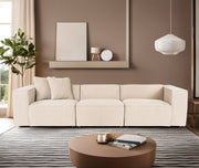 Sofá elegante de 3 lugares, cor pêssego, 303 cm | Estrutura 100% madeira de carpa, tecido 100% linho, espuma 32 DNS, inclui 2 almofadas | Perfeito para salas de estar modernas