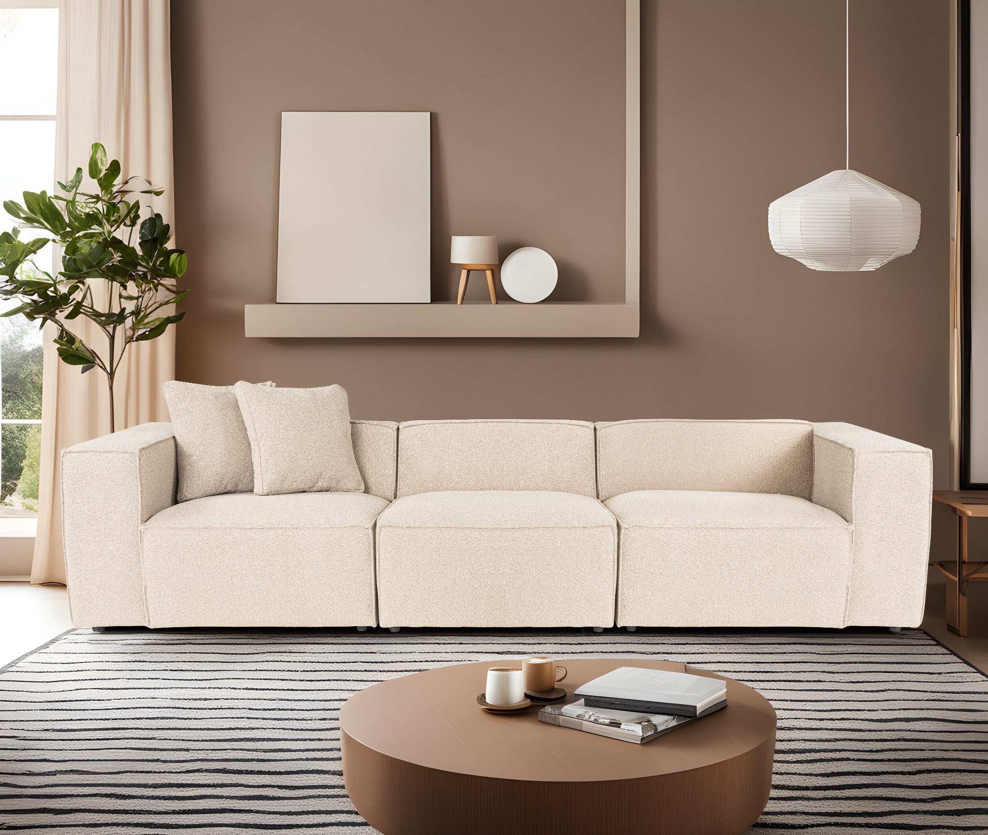 Sofá elegante de 3 lugares, cor pêssego, 303 cm | Estrutura 100% madeira de carpa, tecido 100% linho, espuma 32 DNS, inclui 2 almofadas | Perfeito para salas de estar modernas