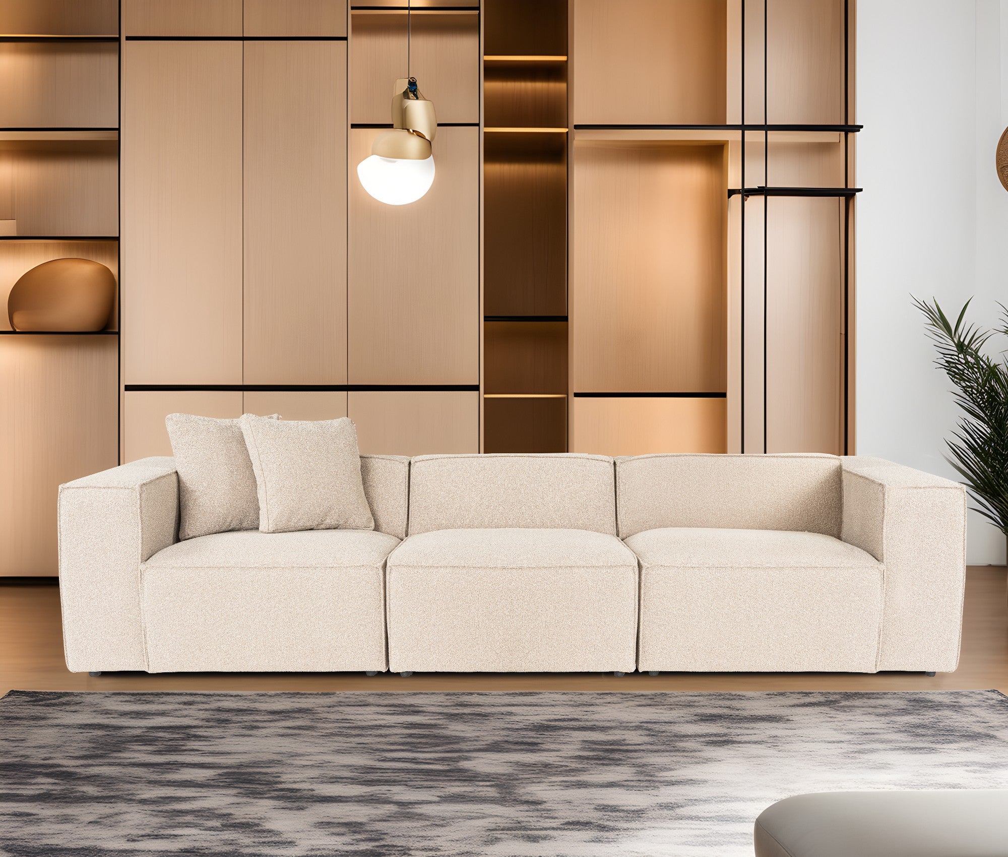 Sofá elegante de 3 lugares, cor pêssego, 303 cm | Estrutura 100% madeira de carpa, tecido 100% linho, espuma 32 DNS, inclui 2 almofadas | Perfeito para salas de estar modernas