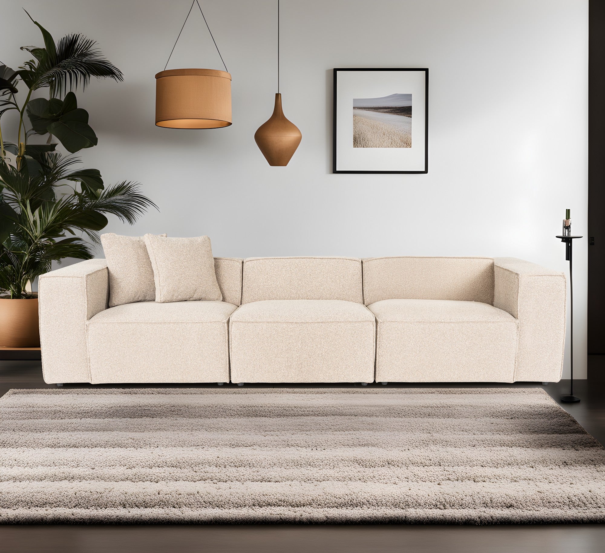 Sofá elegante de 3 lugares, cor pêssego, 303 cm | Estrutura 100% madeira de carpa, tecido 100% linho, espuma 32 DNS, inclui 2 almofadas | Perfeito para salas de estar modernas