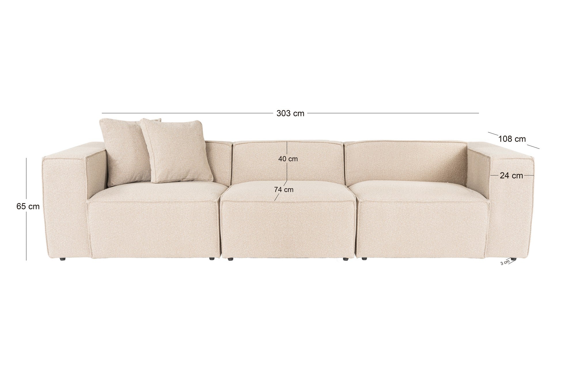 Sofá elegante de 3 lugares, cor pêssego, 303 cm | Estrutura 100% madeira de carpa, tecido 100% linho, espuma 32 DNS, inclui 2 almofadas | Perfeito para salas de estar modernas