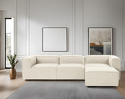 Sofá de canto elegante em cru, 297 cm x 190 cm x 66 cm | Estrutura 100% madeira de carpa, tecido 100% linho, espuma 32 DNS | Elegante e confortável para espaços de convivência modernos