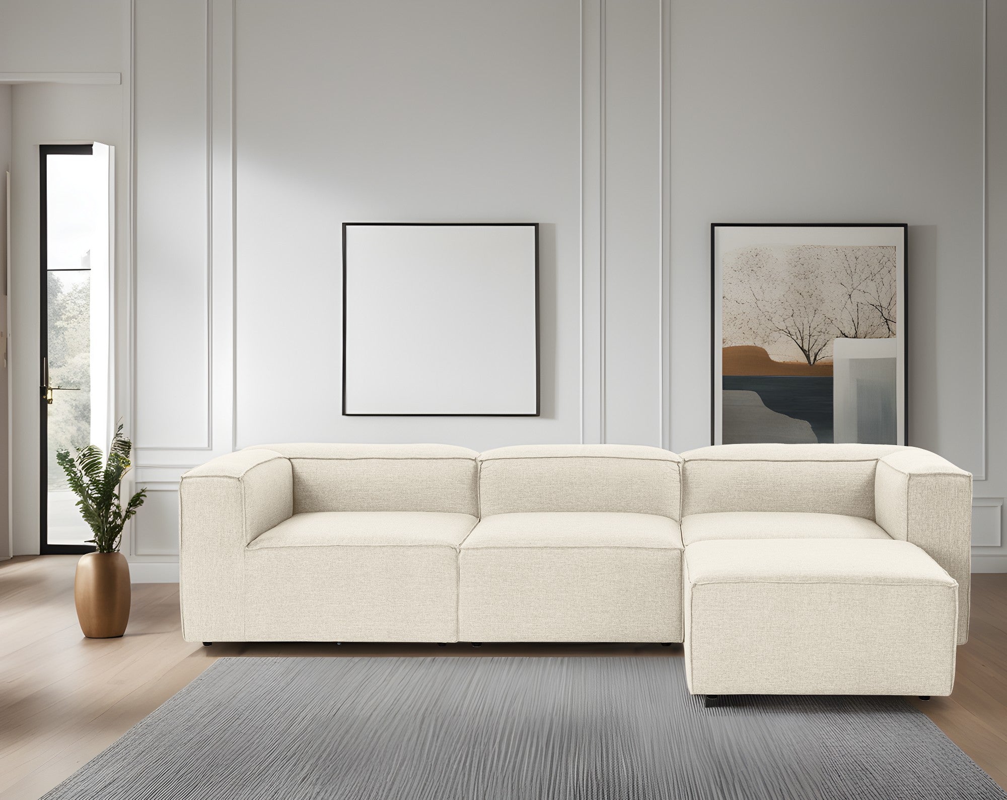 Sofá de canto elegante em cru, 297 cm x 190 cm x 66 cm | Estrutura 100% madeira de carpa, tecido 100% linho, espuma 32 DNS | Elegante e confortável para espaços de convivência modernos