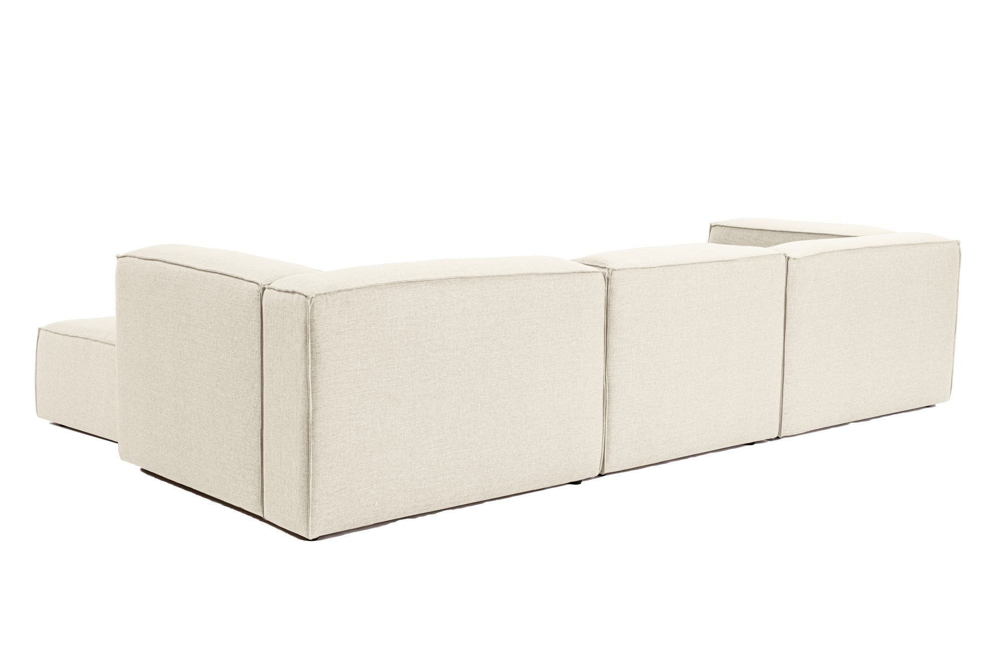 Sofá de canto elegante em cru, 297 cm x 190 cm x 66 cm | Estrutura 100% madeira de carpa, tecido 100% linho, espuma 32 DNS | Elegante e confortável para espaços de convivência modernos
