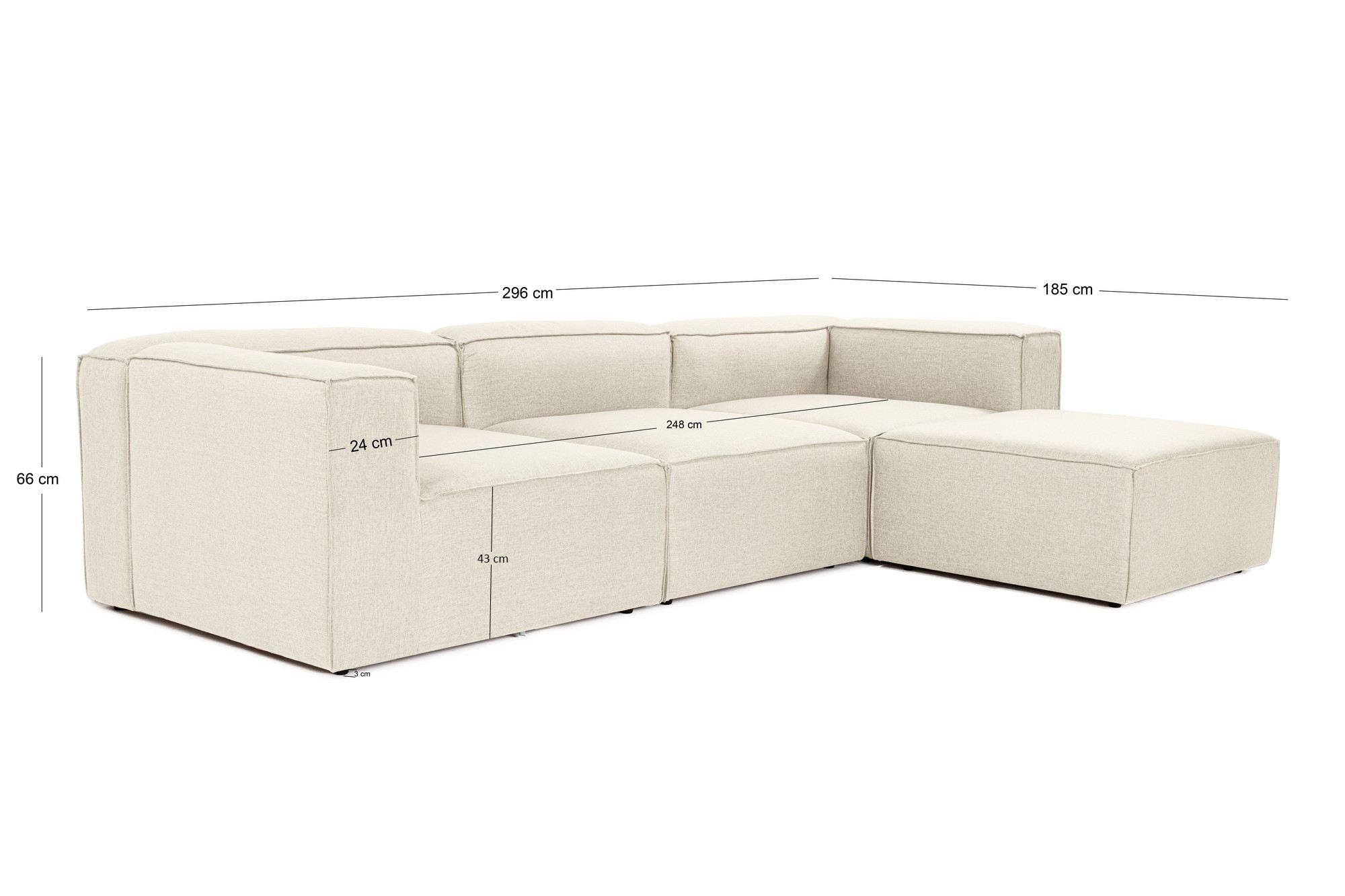 Sofá de canto elegante em cru, 297 cm x 190 cm x 66 cm | Estrutura 100% madeira de carpa, tecido 100% linho, espuma 32 DNS | Elegante e confortável para espaços de convivência modernos